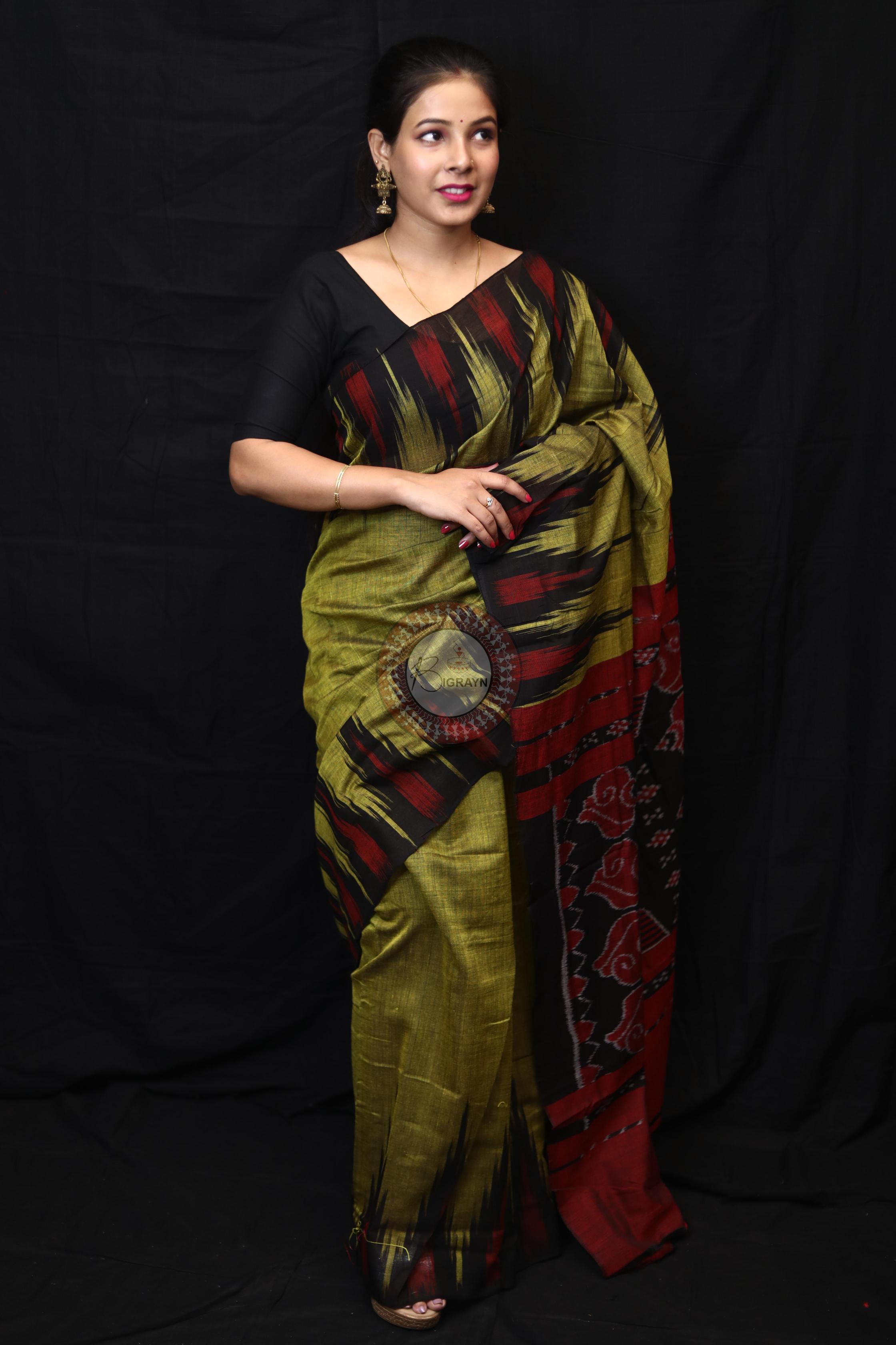 Mehndi Black Kargil Kumbha Cotton Saree