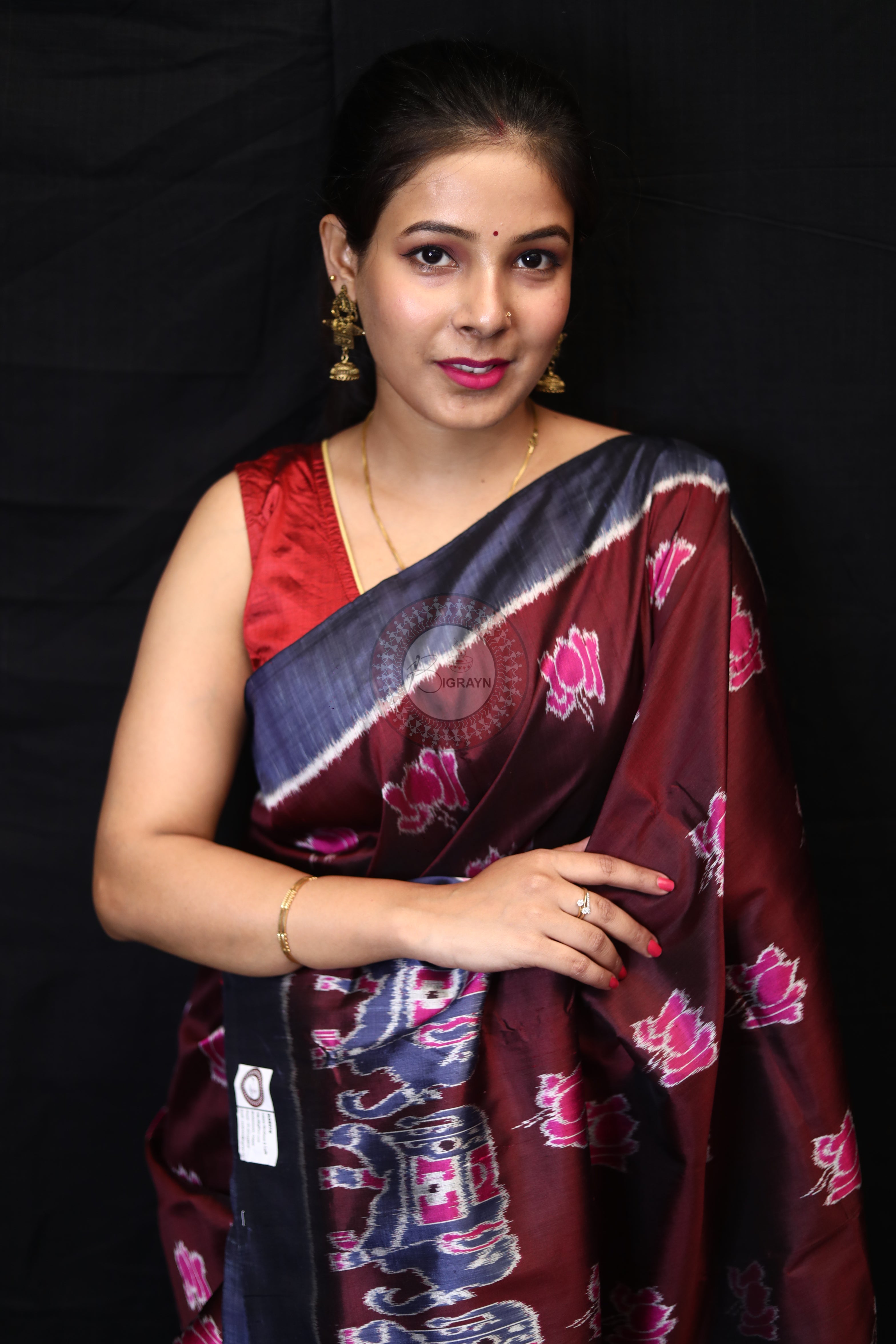 Maroon Lotus Elephant Mulberry Silk Saree