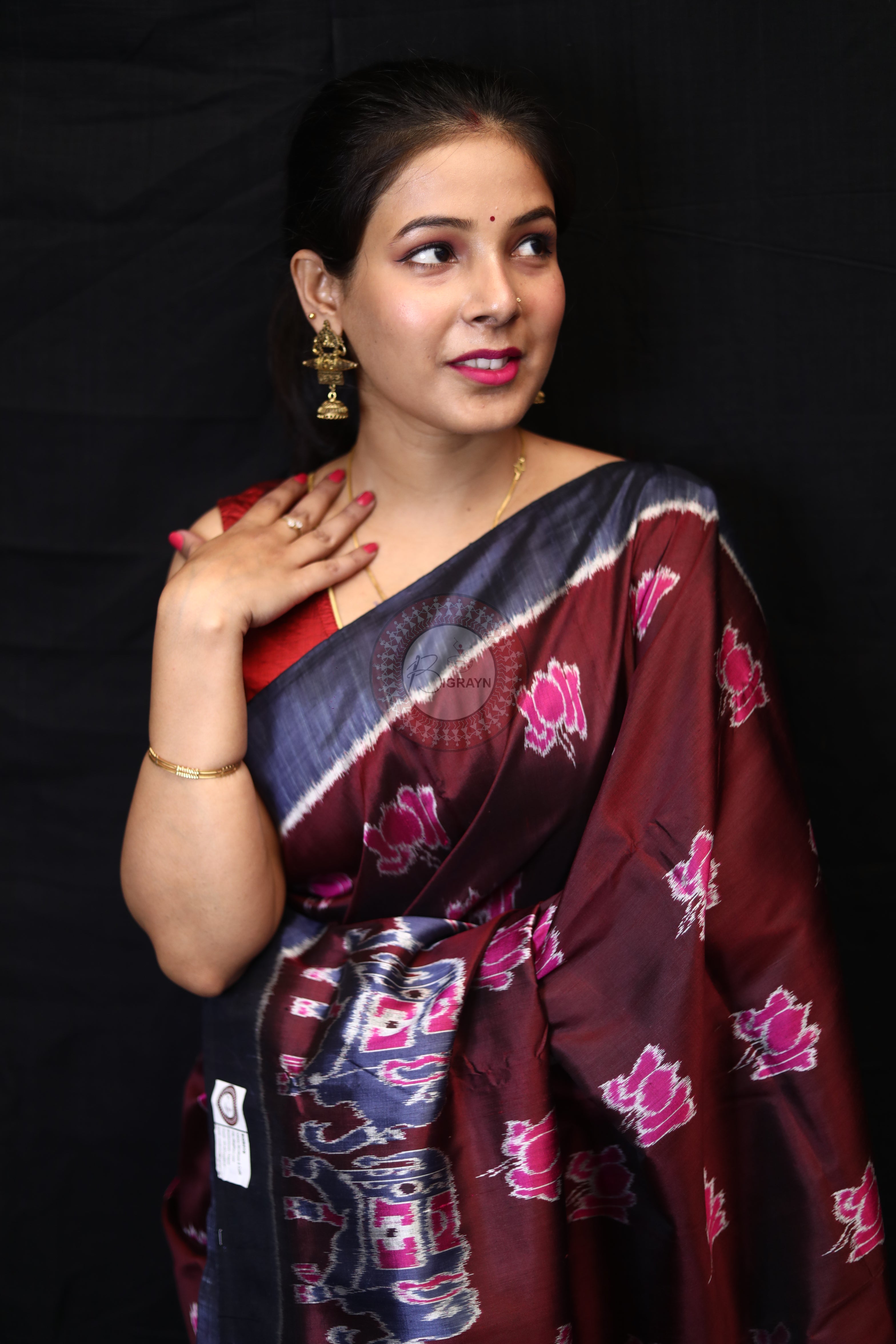 Maroon Lotus Elephant Mulberry Silk Saree
