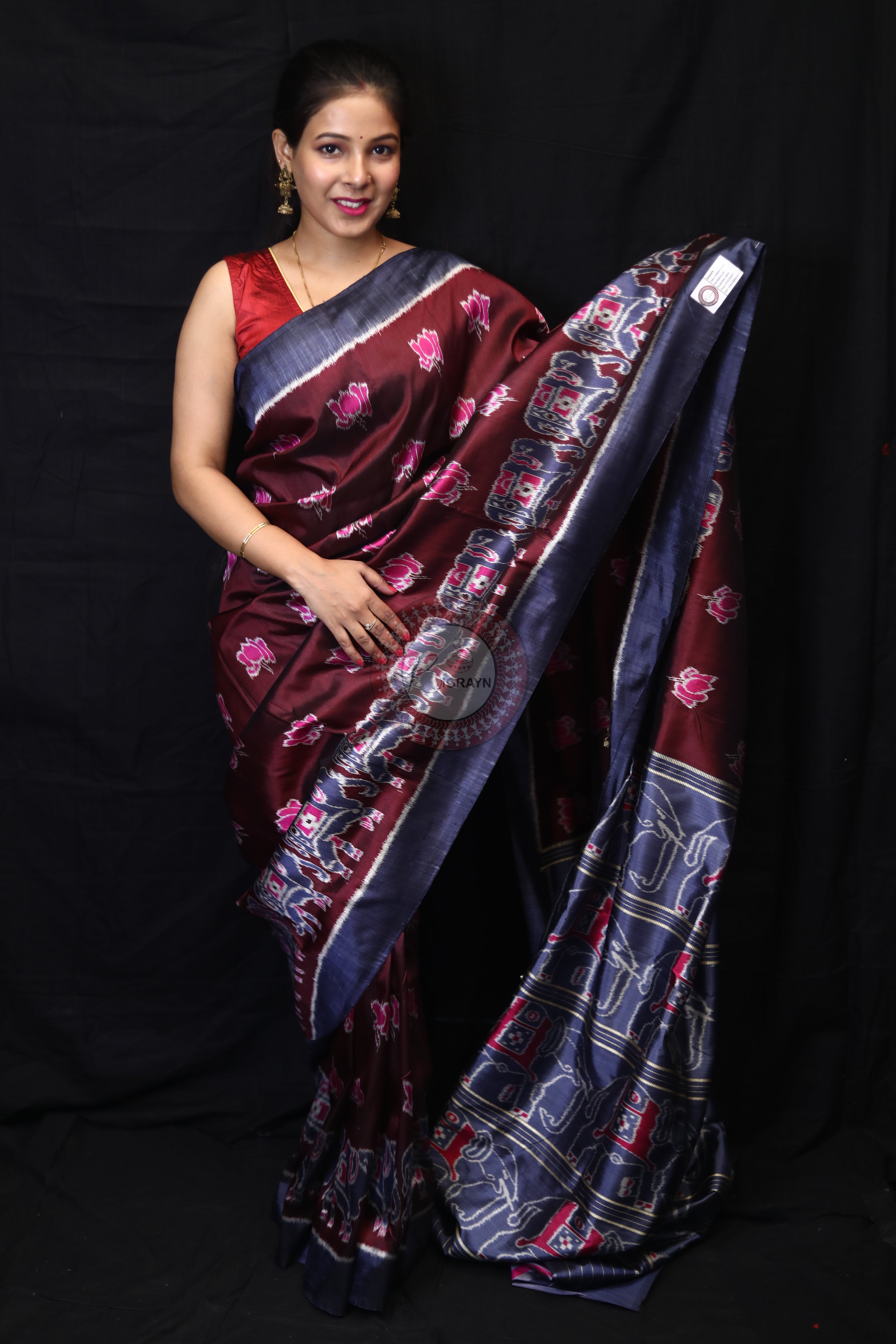 Maroon Lotus Elephant Mulberry Silk Saree