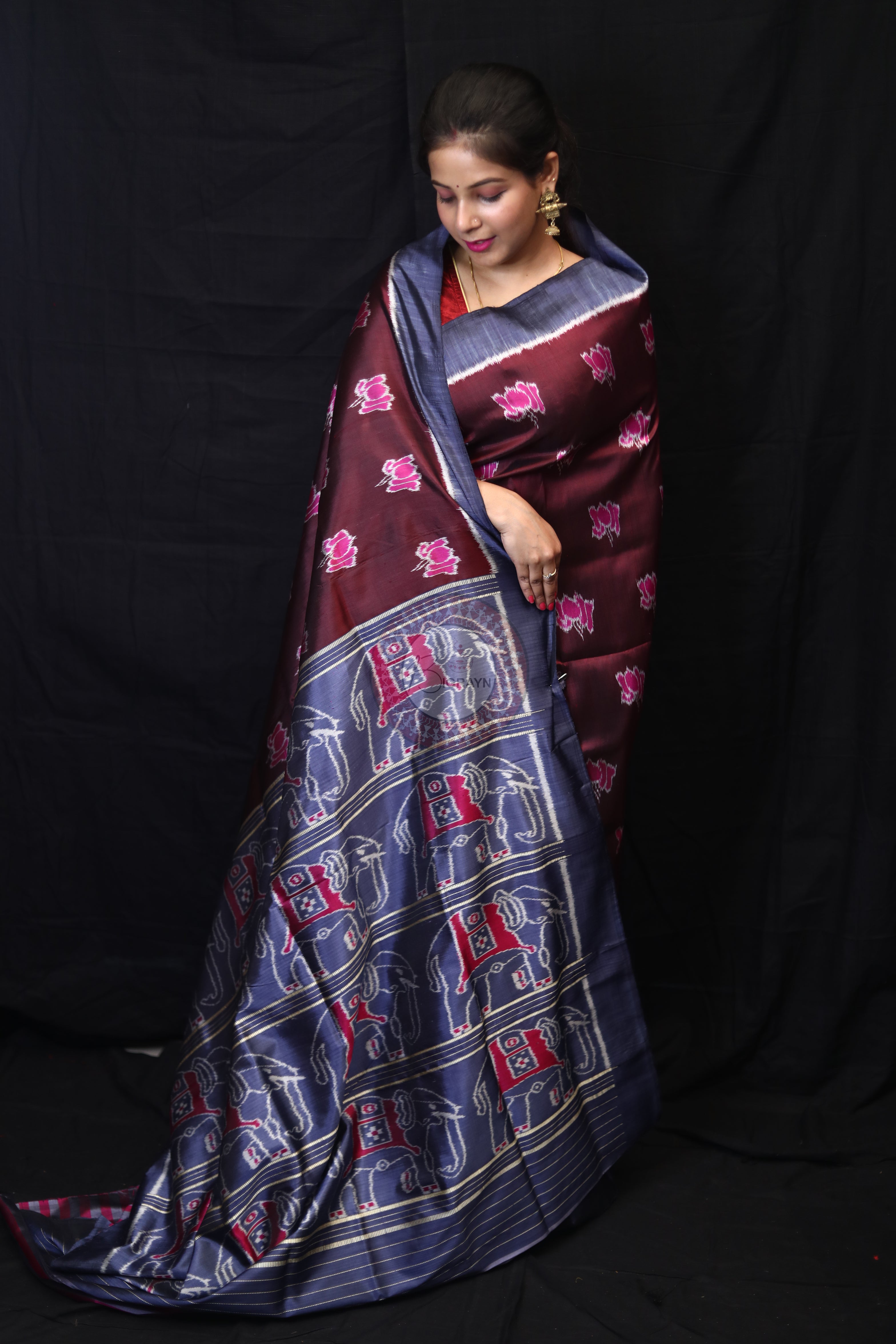 Maroon Lotus Elephant Mulberry Silk Saree