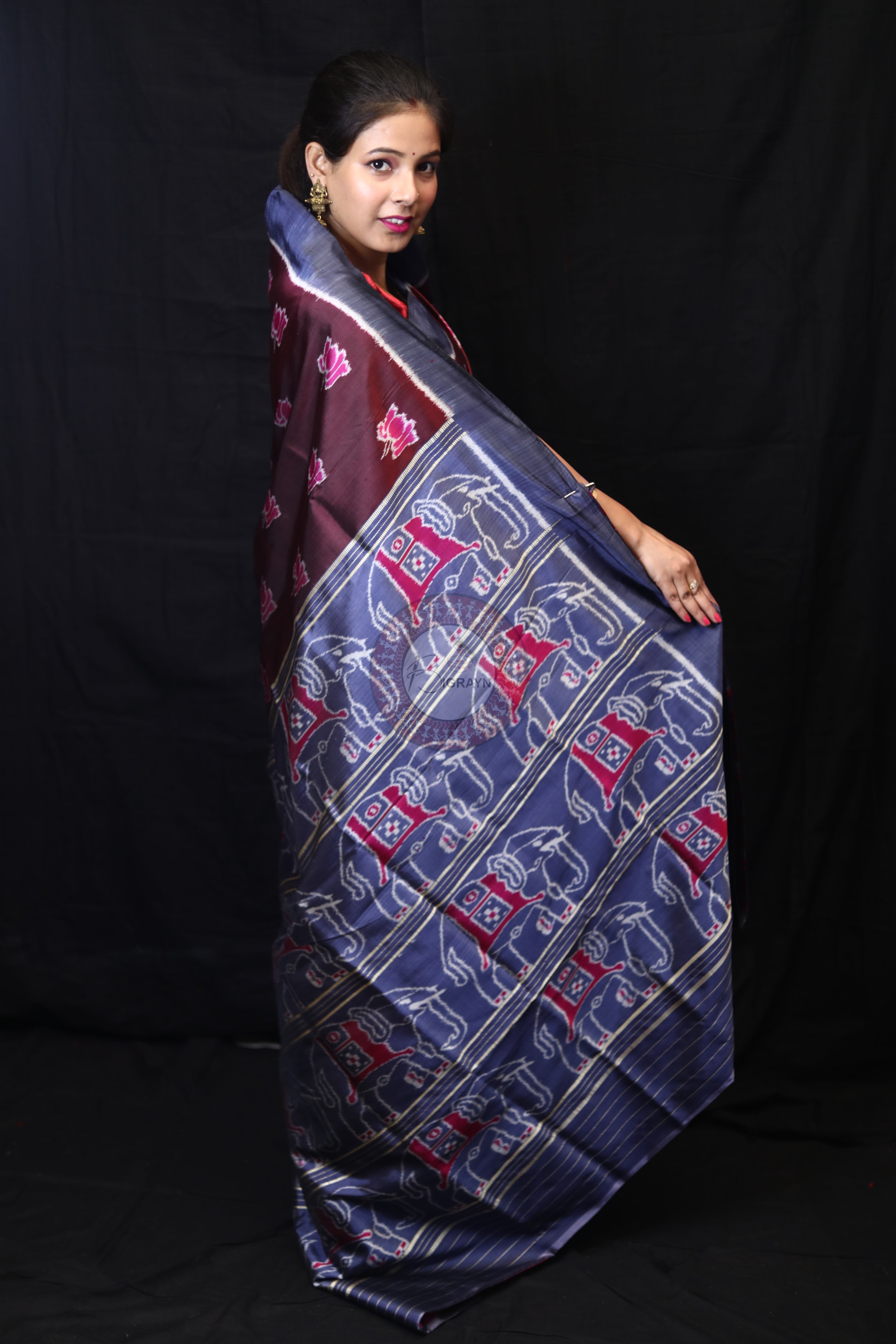 Maroon Lotus Elephant Mulberry Silk Saree