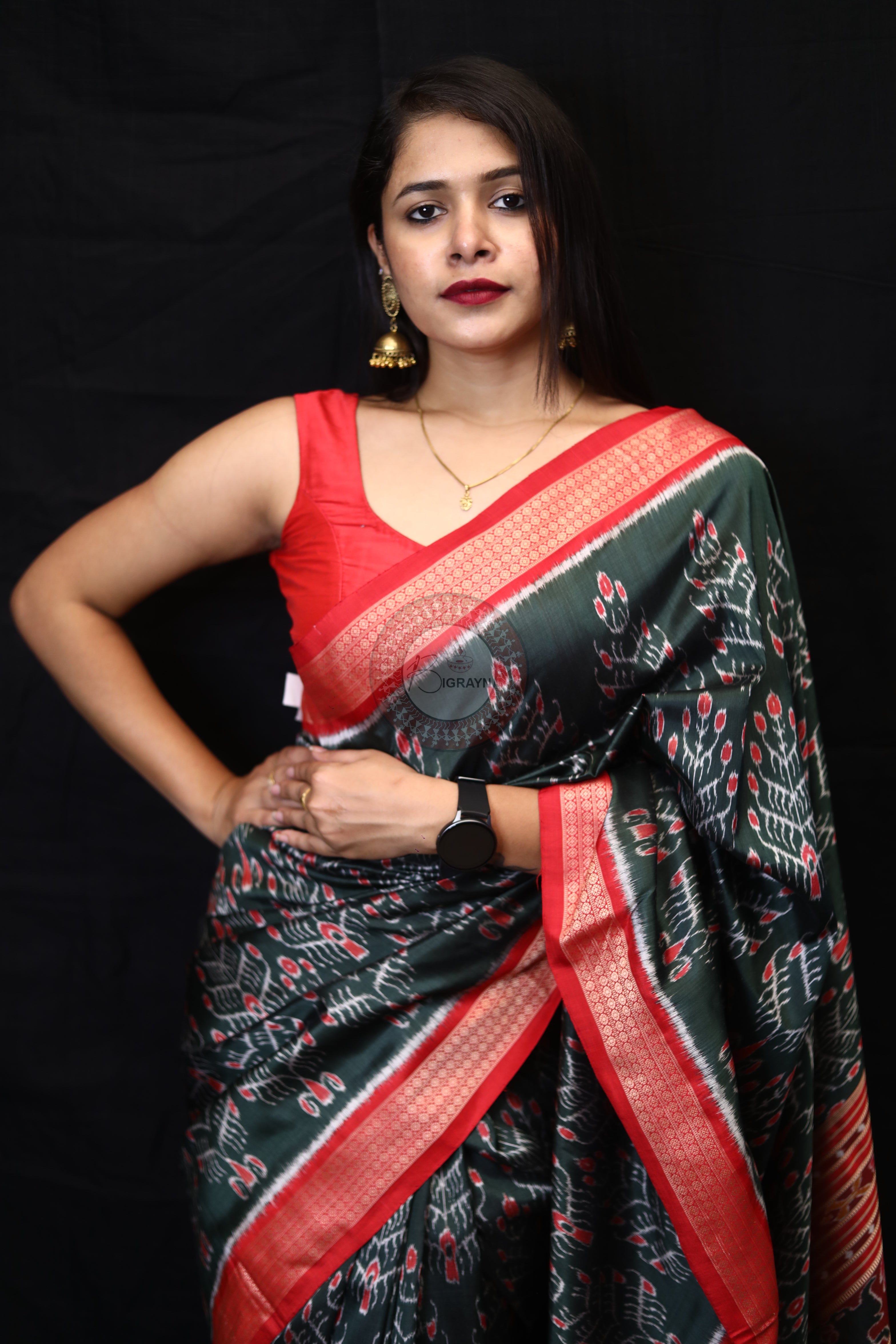 Olive Green Tribal Tree Mulberry Silk Saree