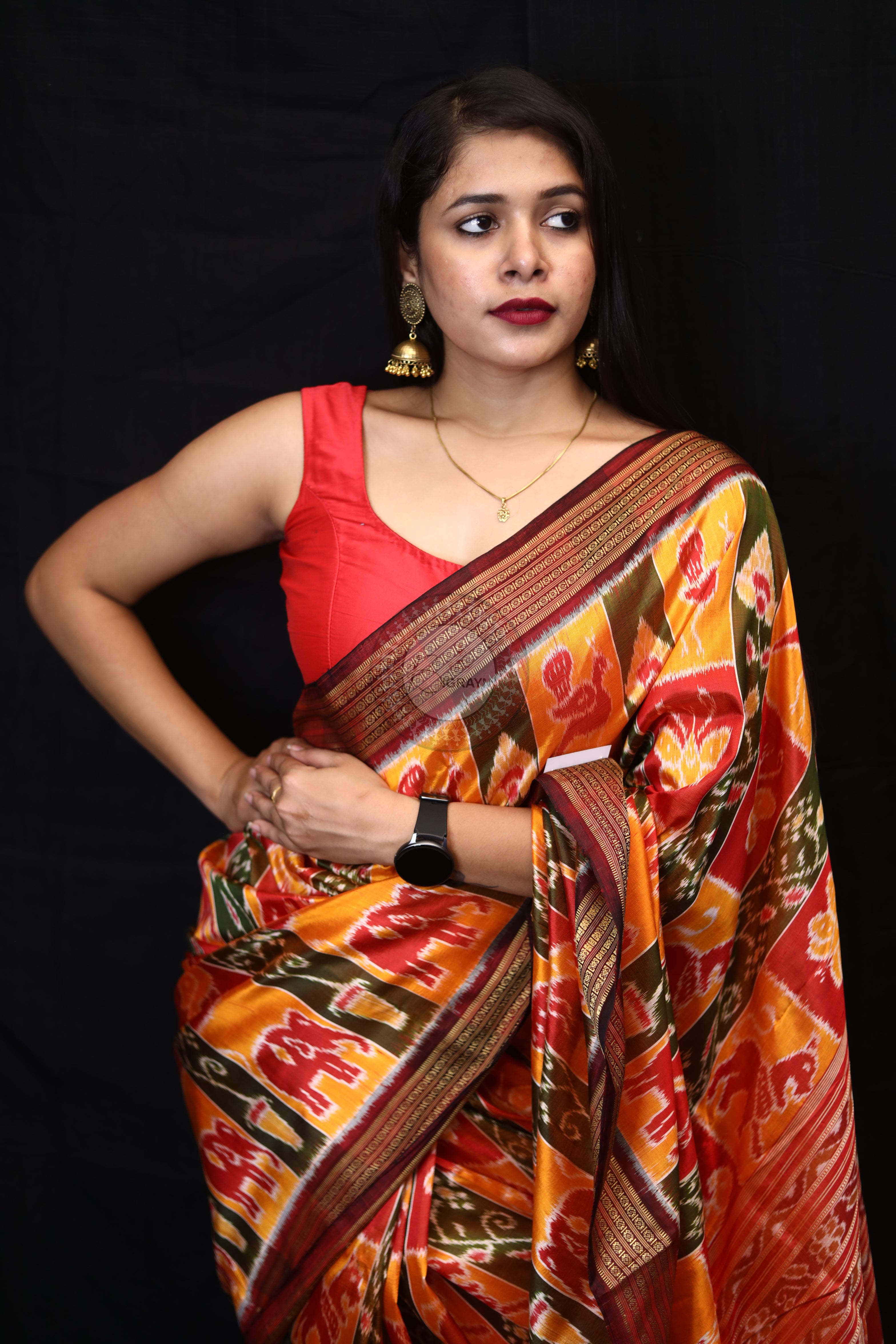 Yellow Red Green Nabakothi Mulberry Silk Saree
