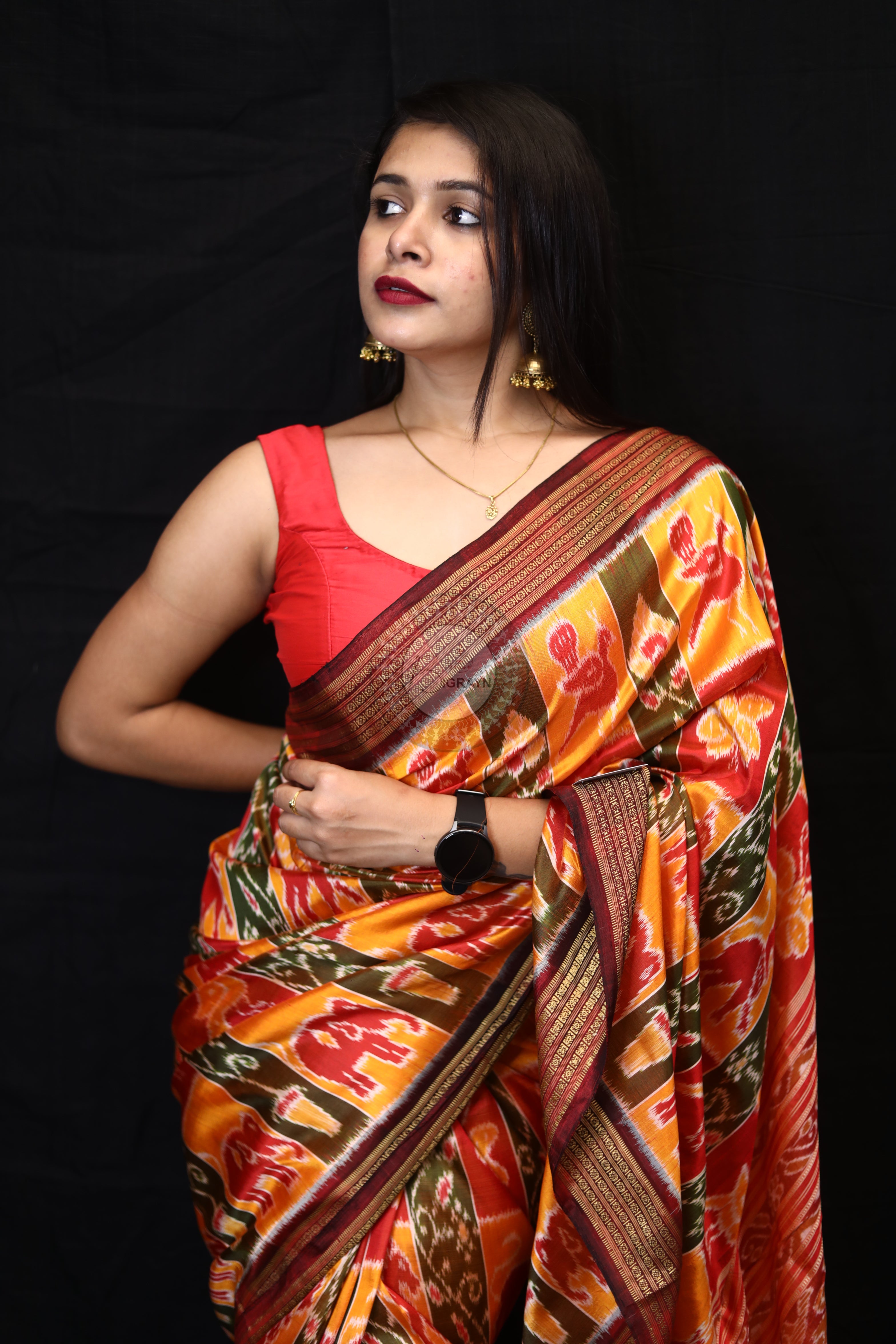 Yellow Red Green Nabakothi Mulberry Silk Saree