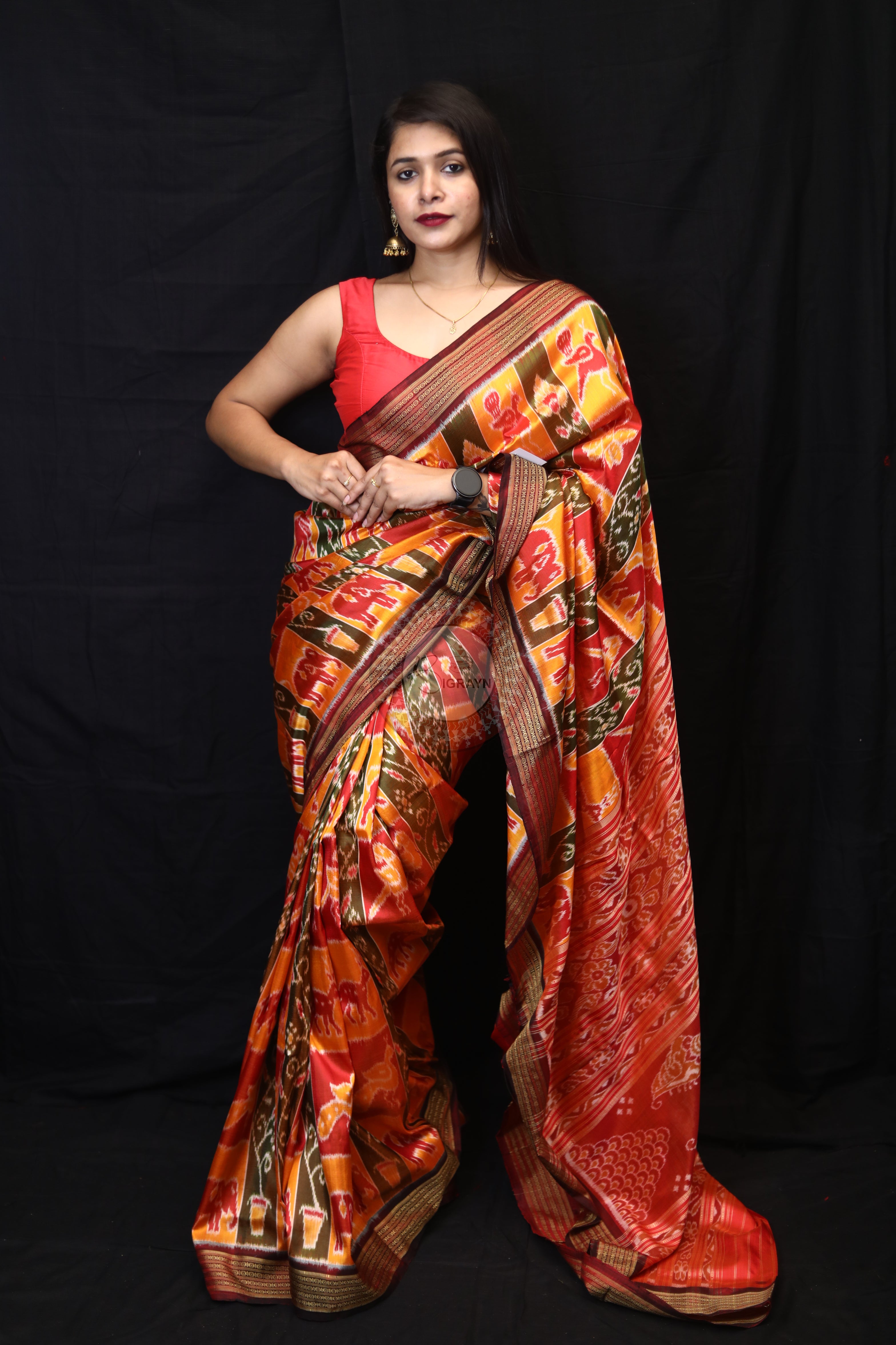 Yellow Red Green Nabakothi Mulberry Silk Saree