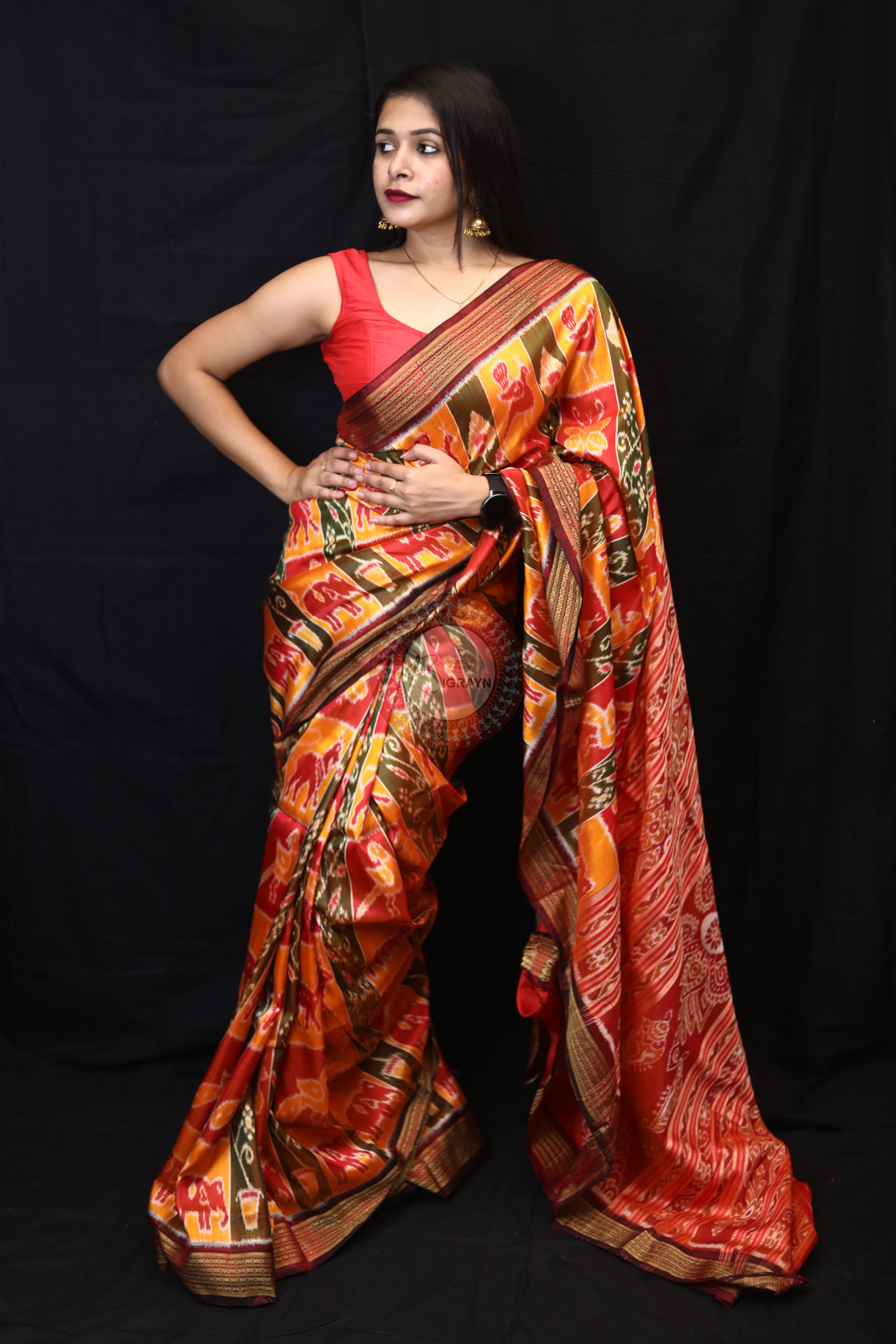 Yellow Red Green Nabakothi Mulberry Silk Saree