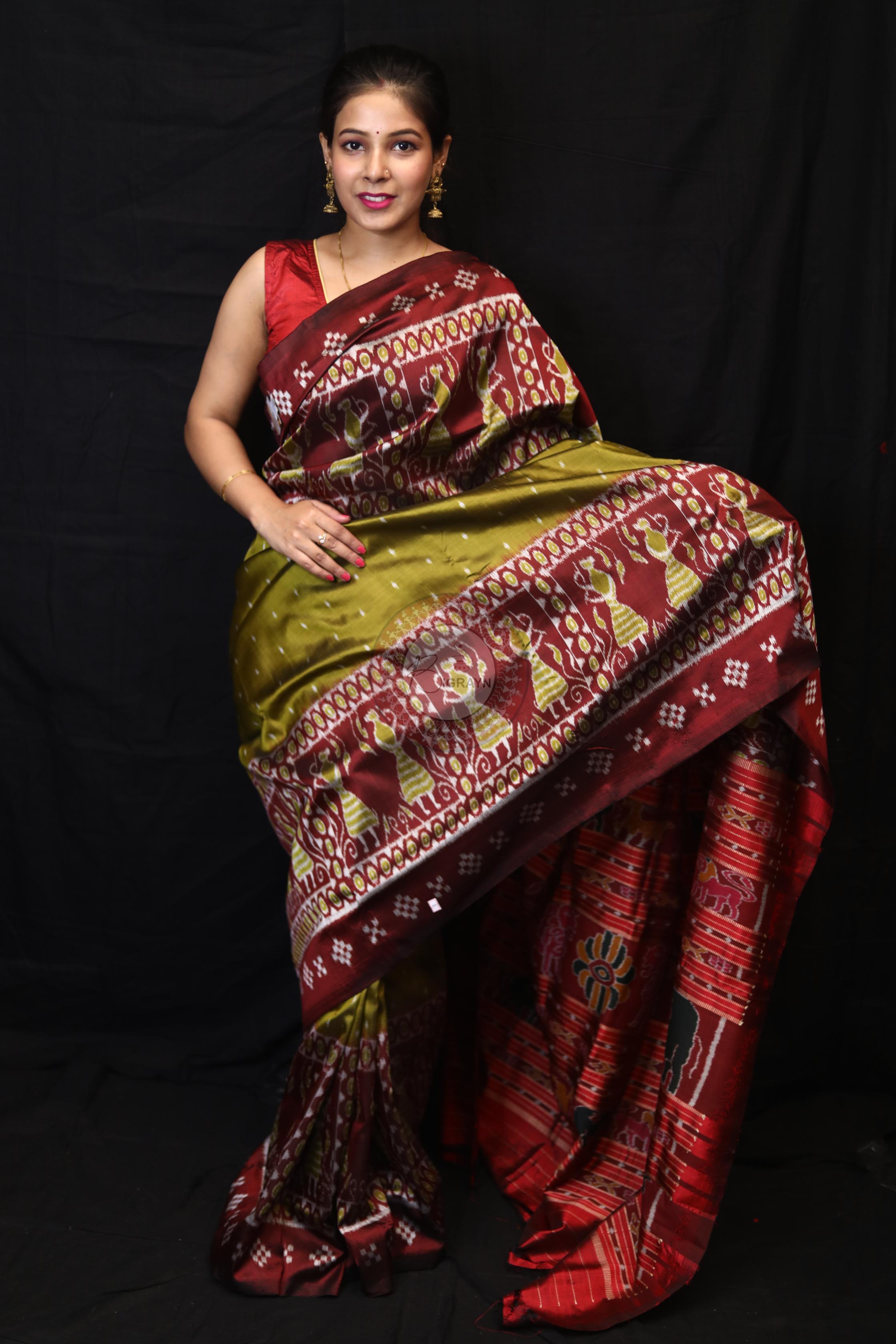 Mehndi Red Tribal Pasapali Border Mulberry Silk Saree