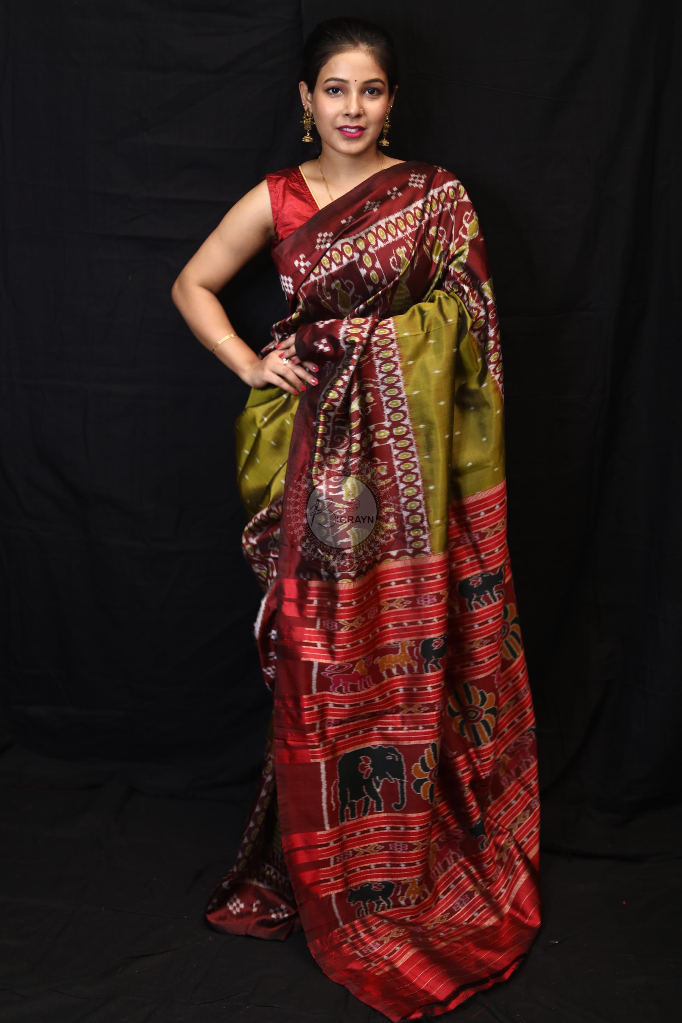 Mehndi Red Tribal Pasapali Border Mulberry Silk Saree