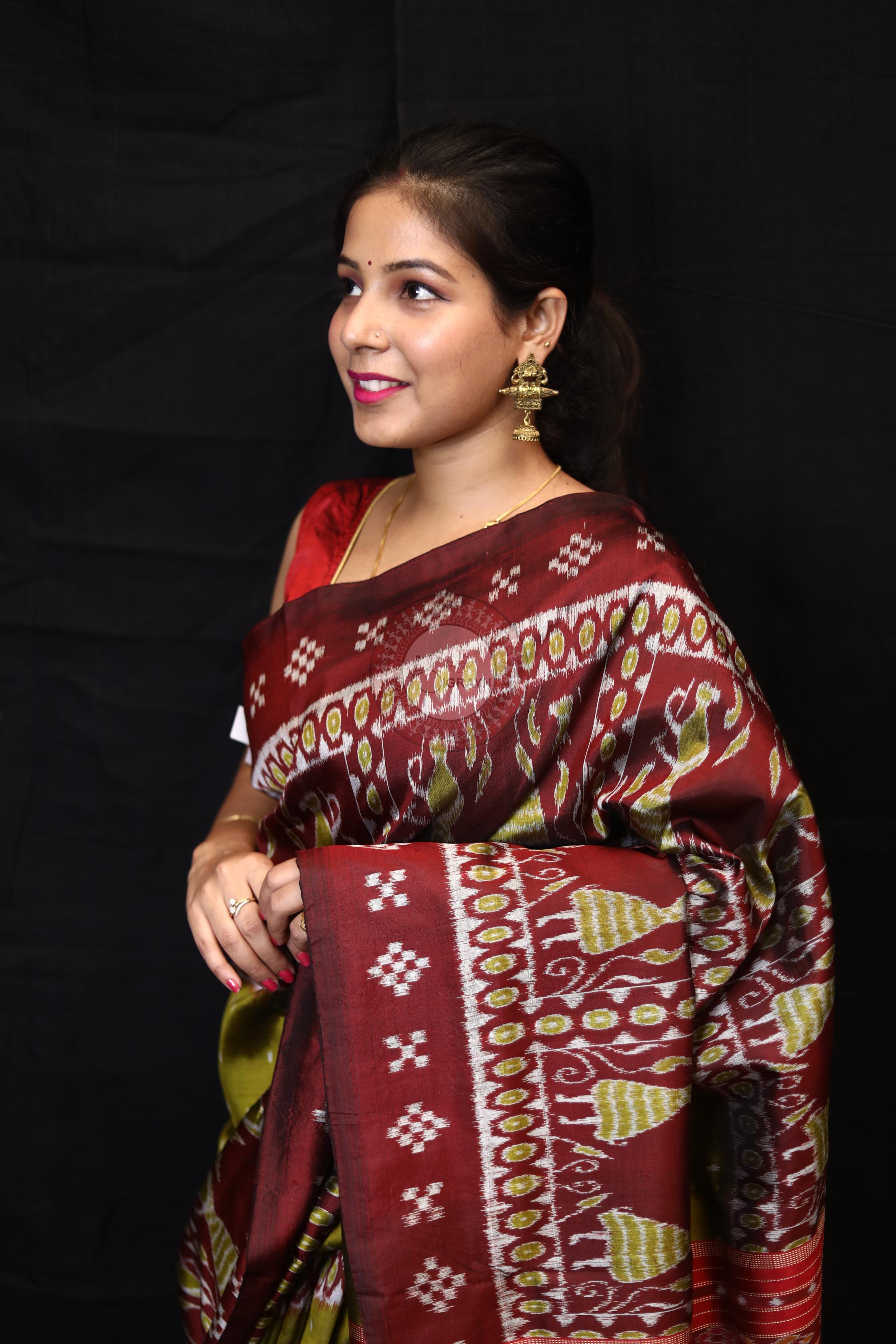 Mehndi Red Tribal Pasapali Border Mulberry Silk Saree