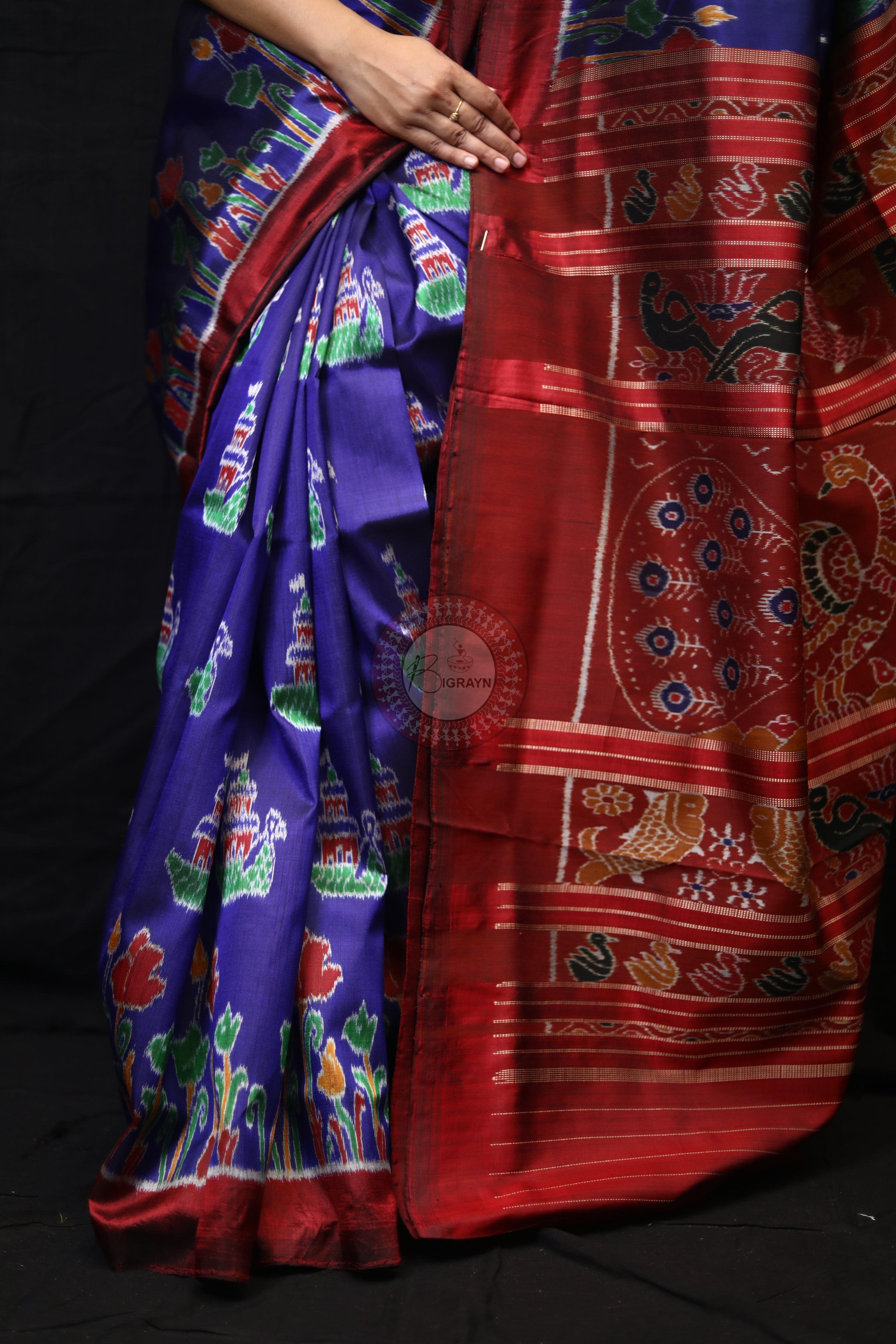 Blue Red Tulips Boita Mulberry Silk Saree