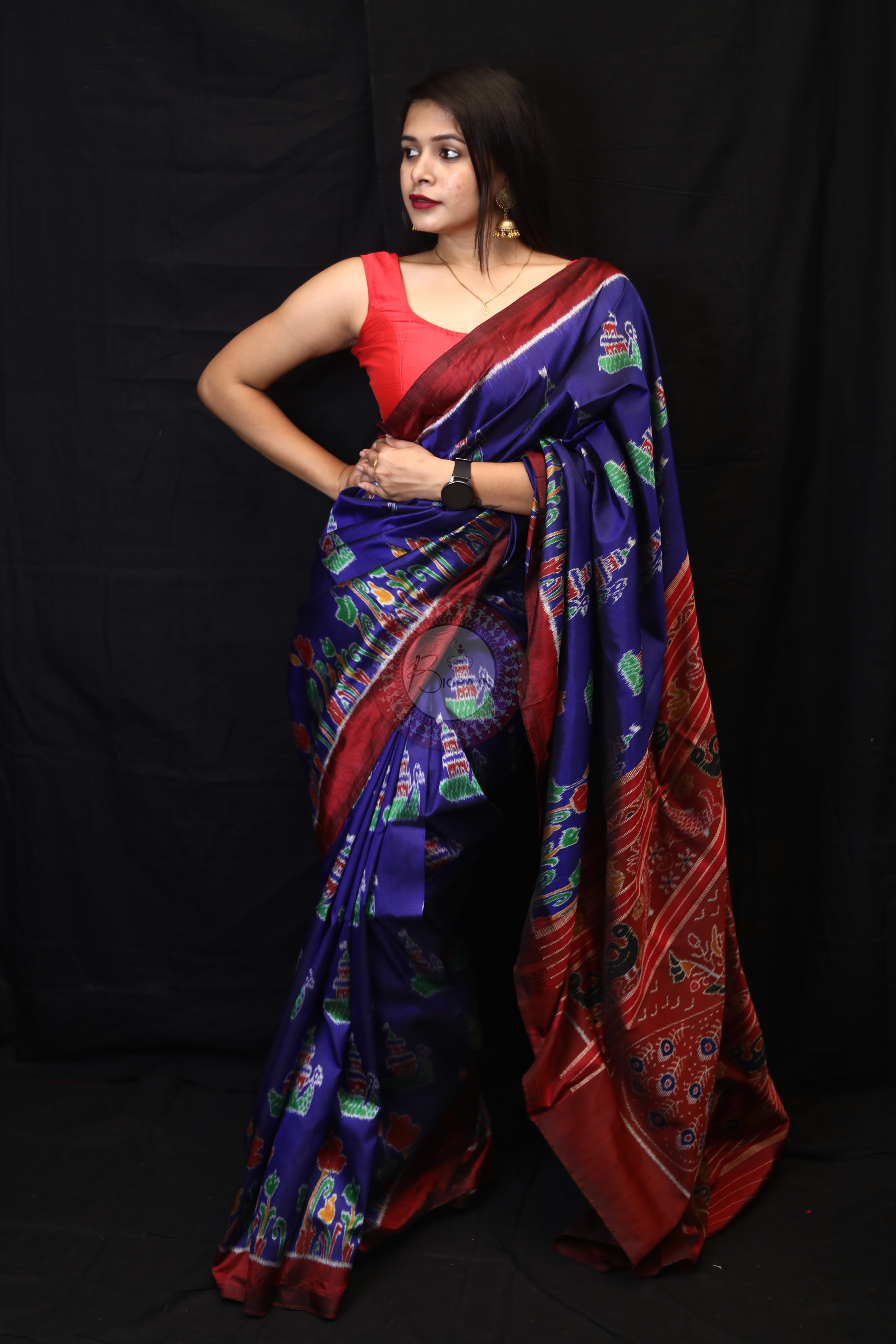 Blue Red Tulips Boita Mulberry Silk Saree