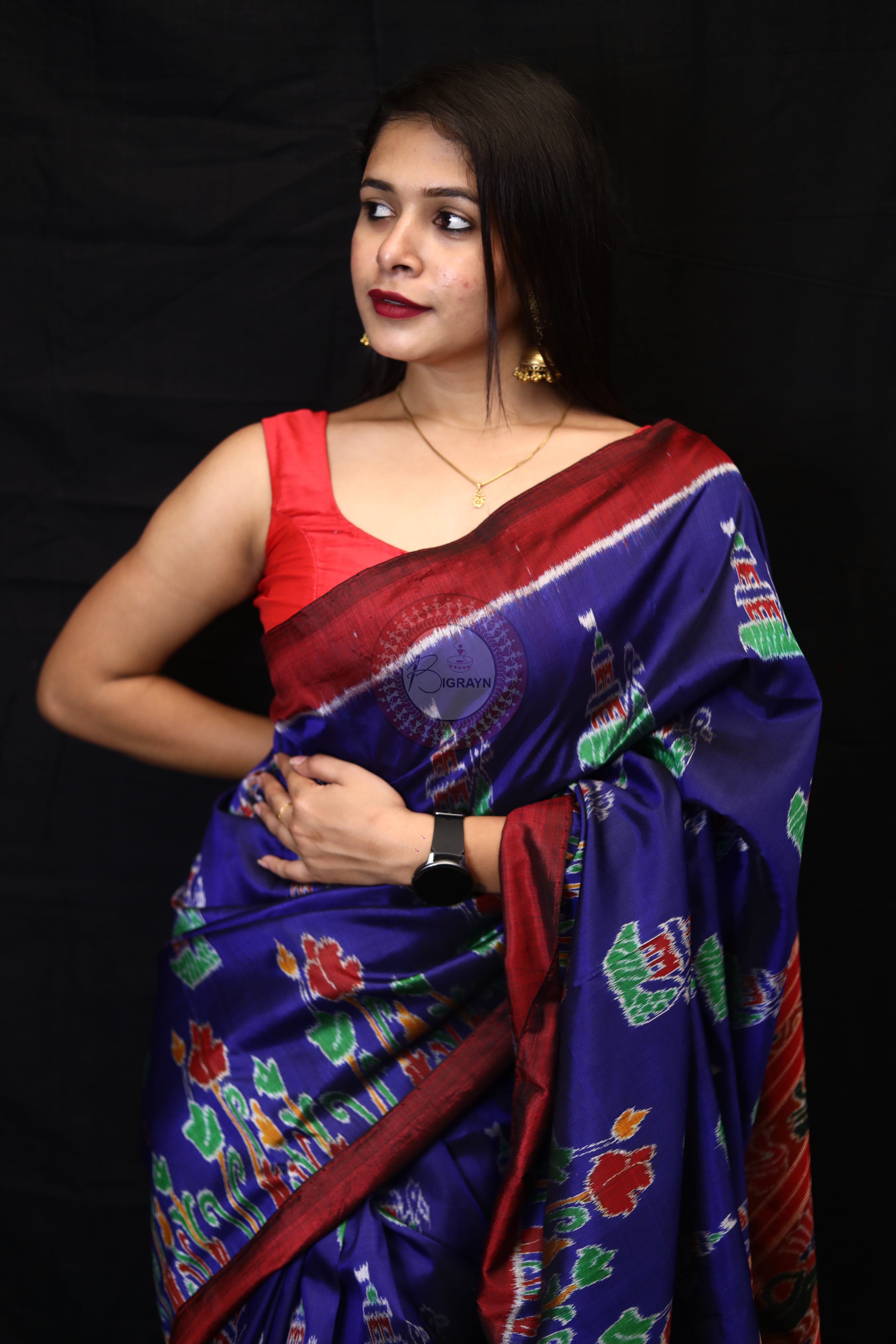 Blue Red Tulips Boita Mulberry Silk Saree