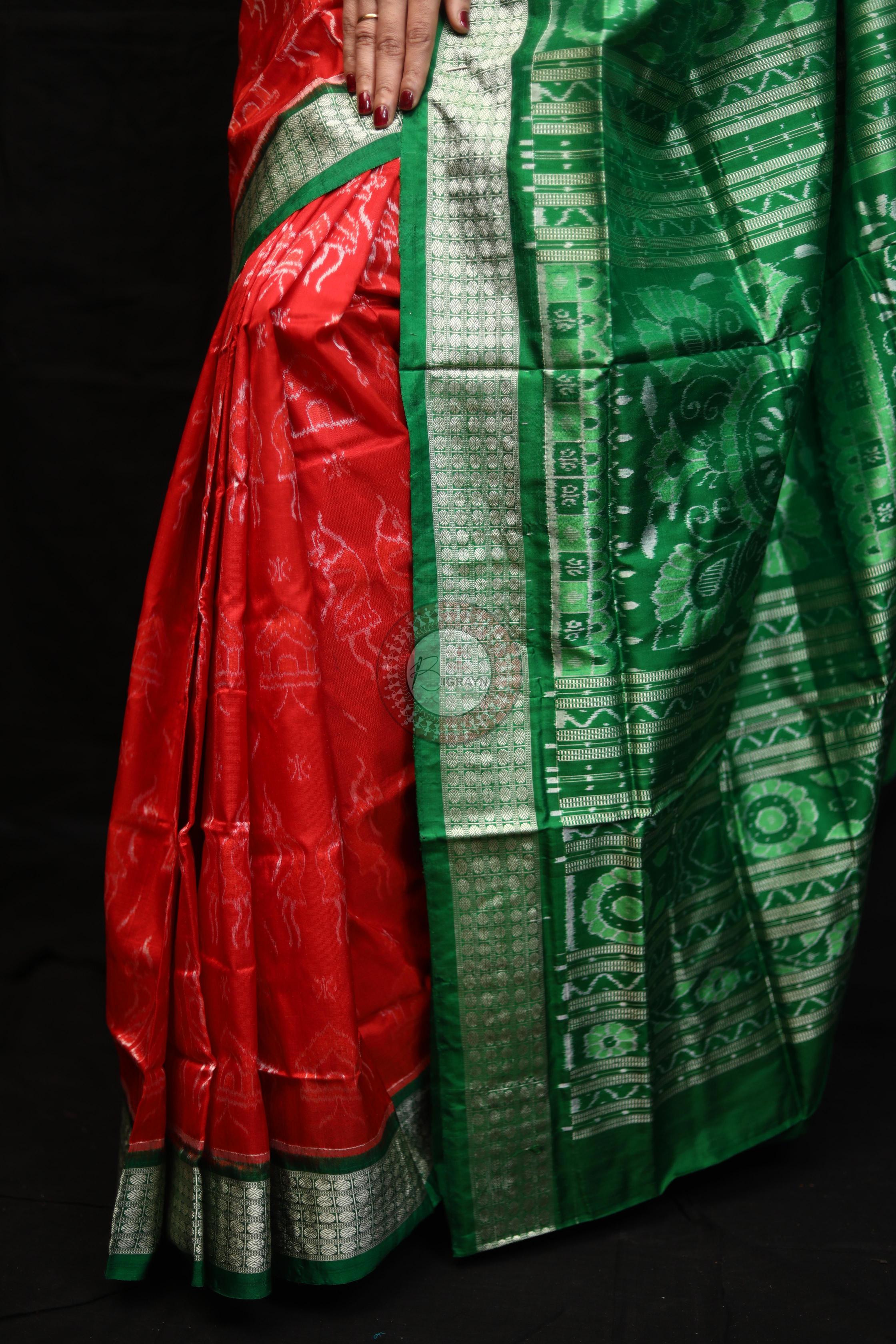 Red Green Tribal House Sambalpuri Silk Saree