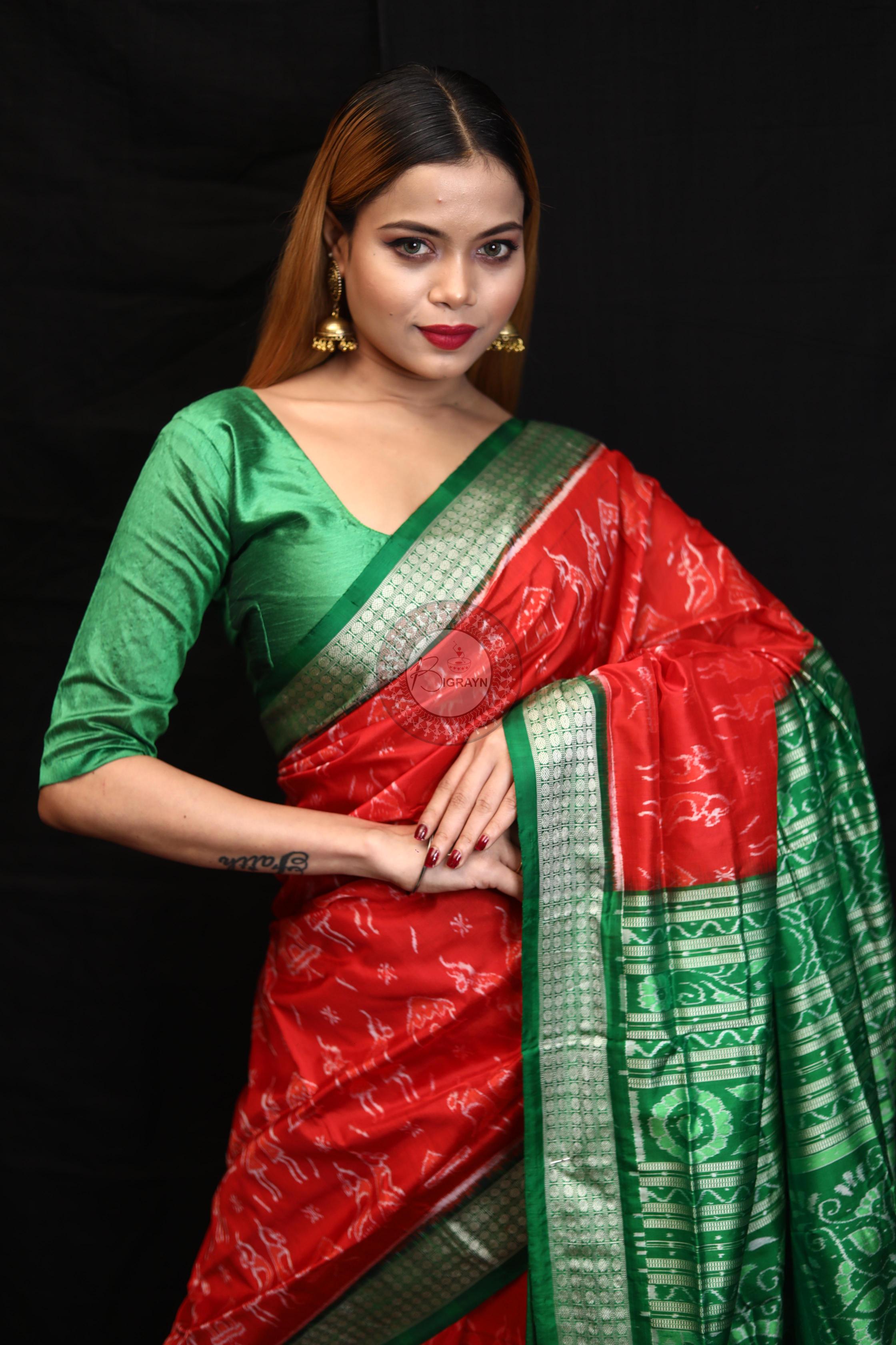 Red Green Tribal House Sambalpuri Silk Saree
