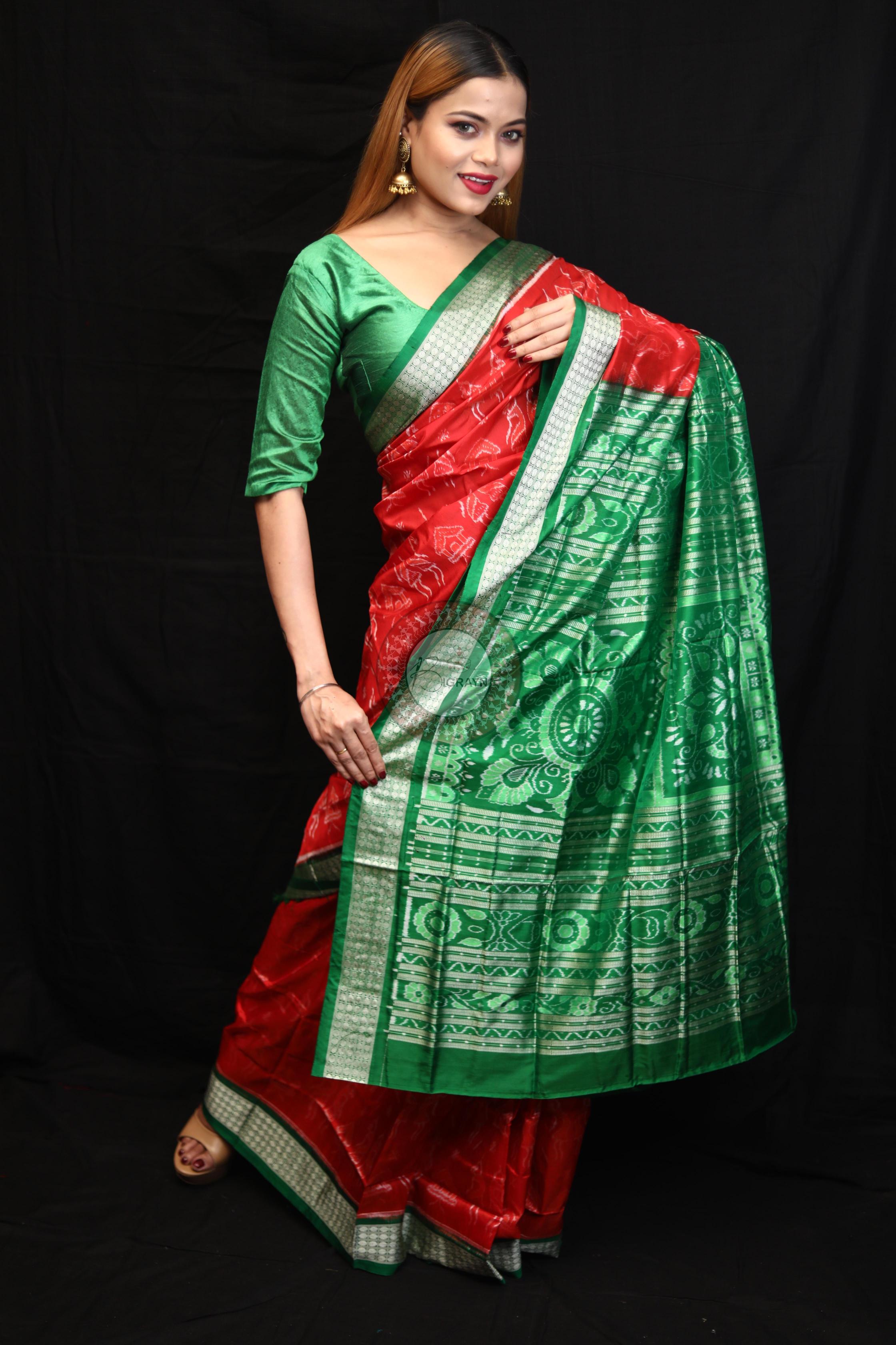 Red Green Tribal House Sambalpuri Silk Saree