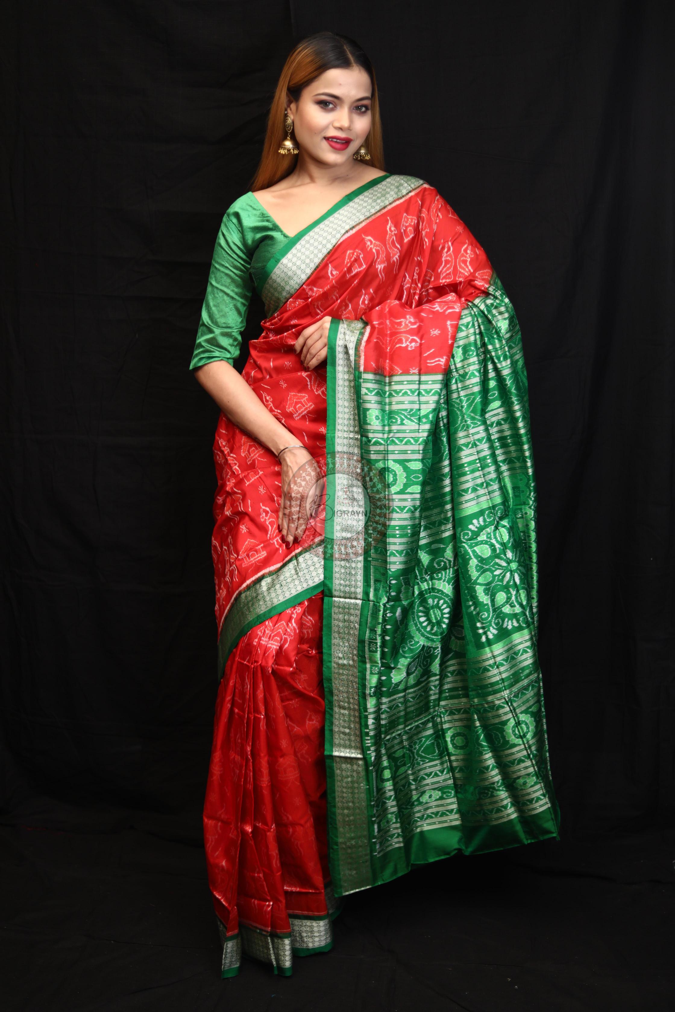 Red Green Tribal House Sambalpuri Silk Saree