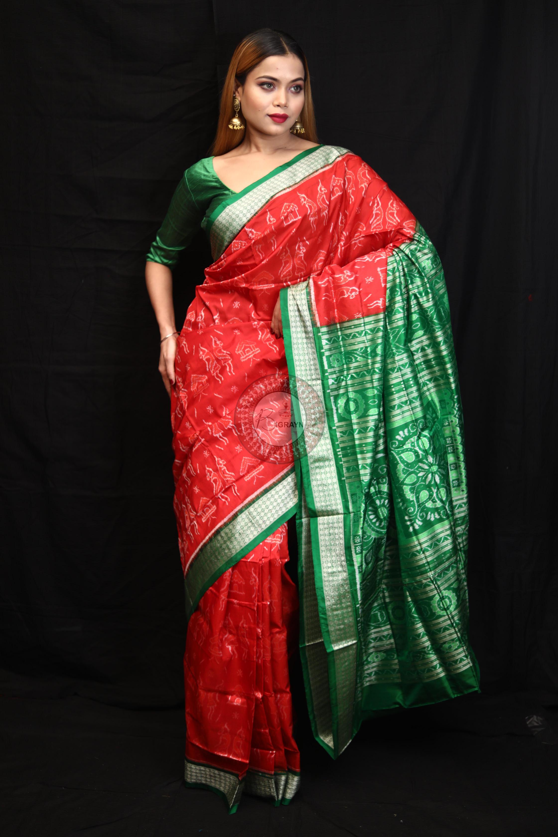 Red Green Tribal House Sambalpuri Silk Saree