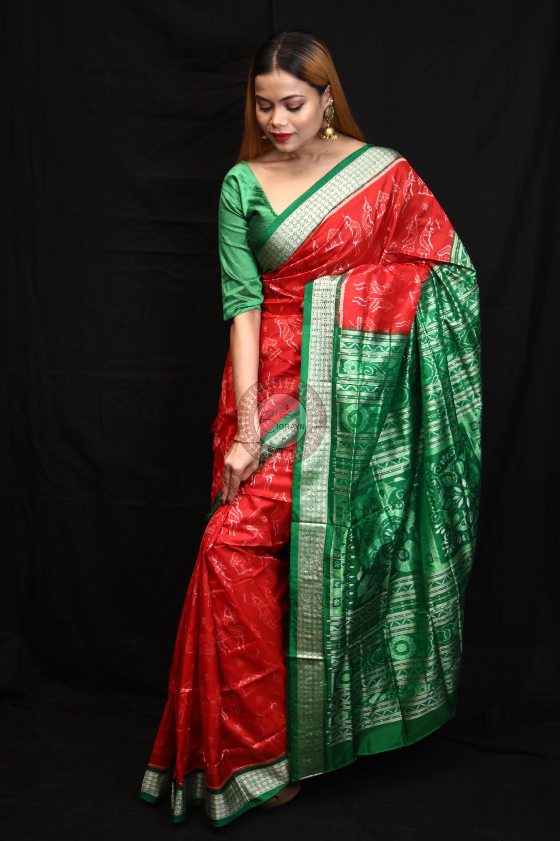 Red Green Tribal House Sambalpuri Silk Saree