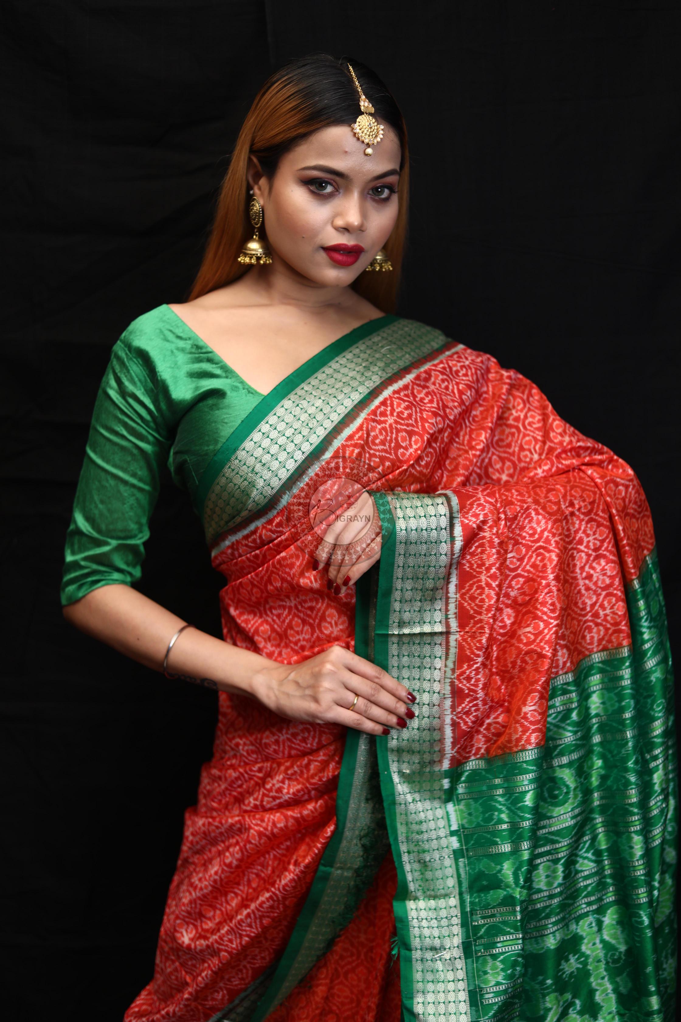 Orange Green Ikat Sambalpuri Silk Saree