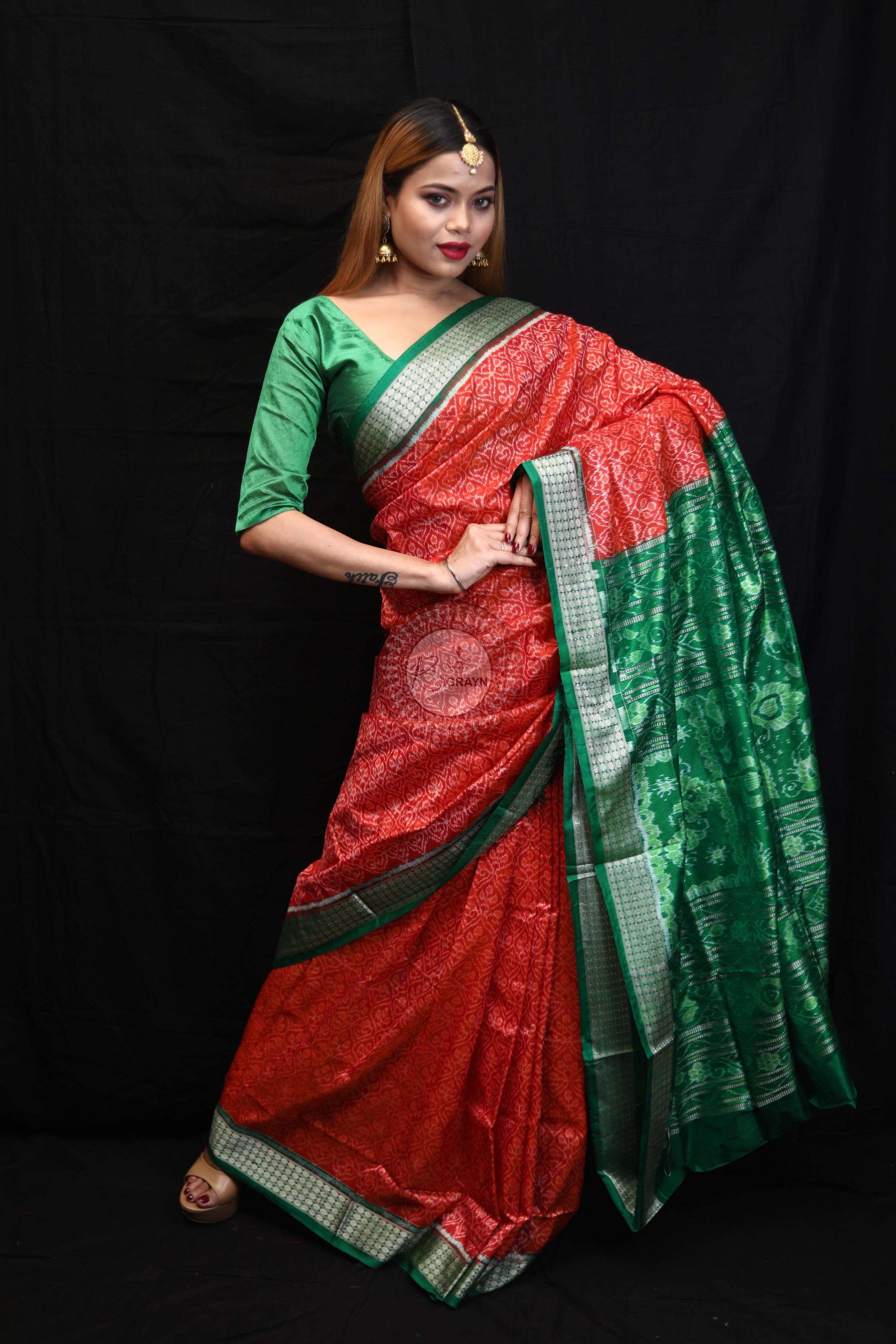 Orange Green Ikat Sambalpuri Silk Saree