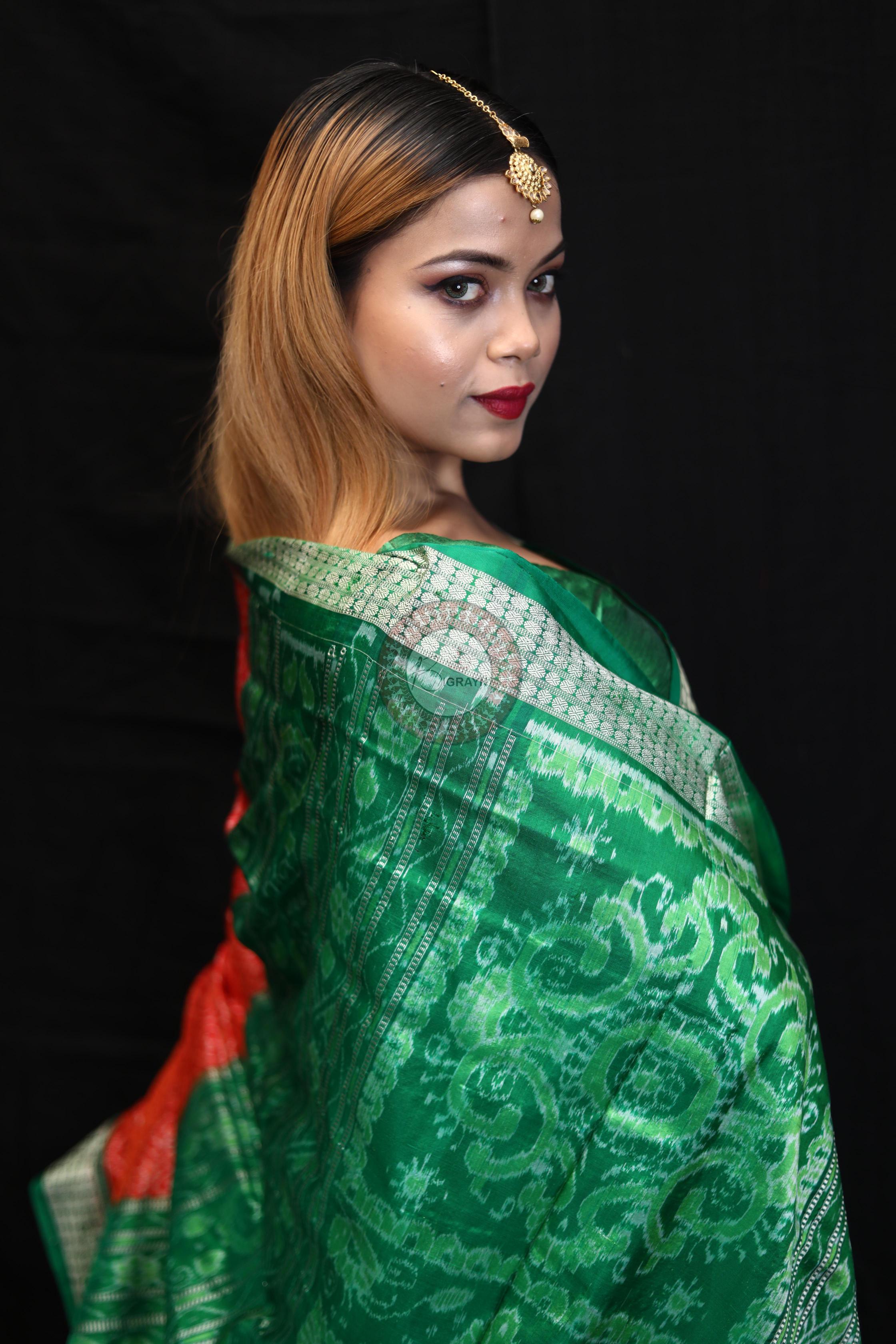 Orange Green Ikat Sambalpuri Silk Saree