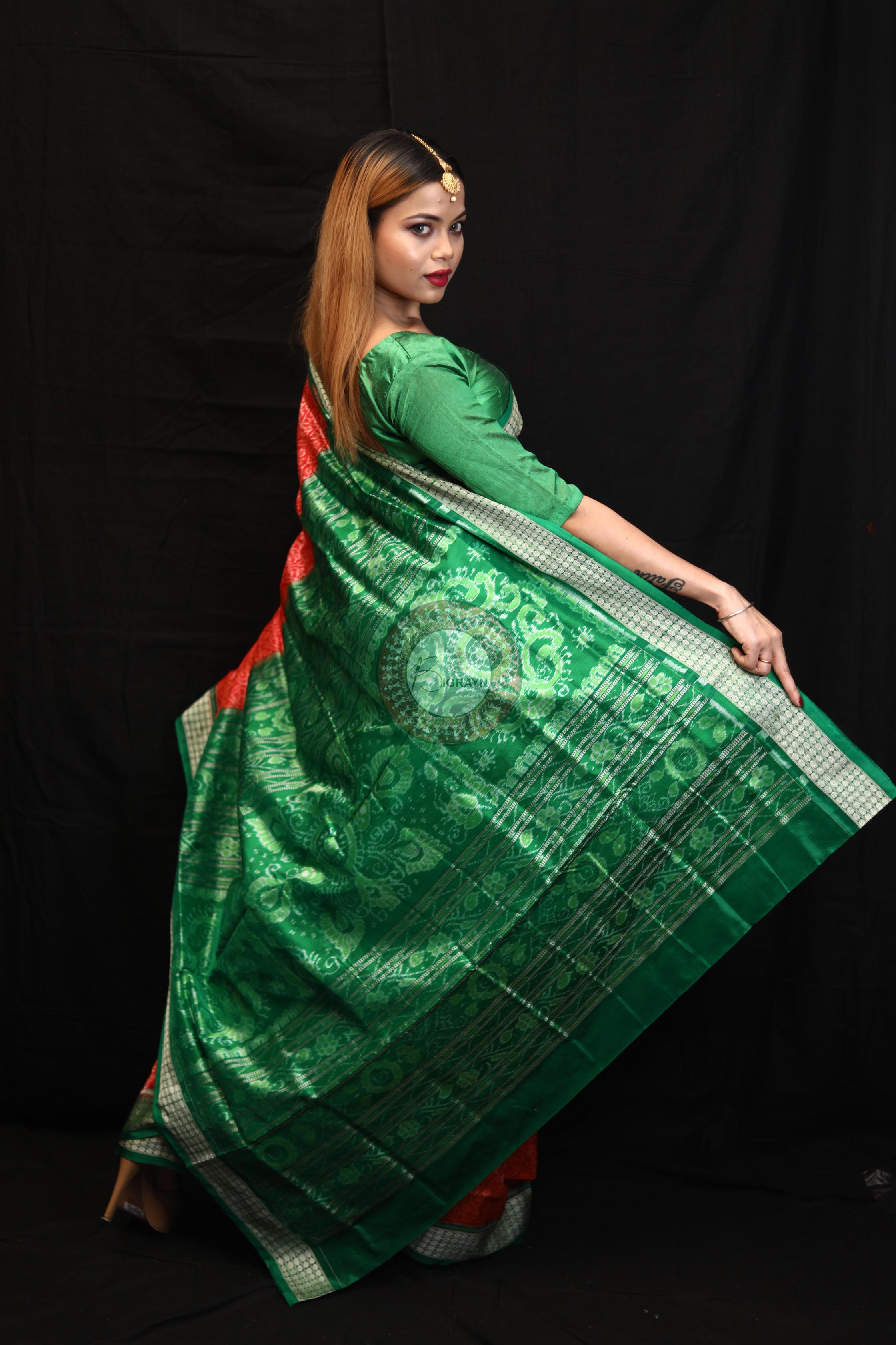 Orange Green Ikat Sambalpuri Silk Saree