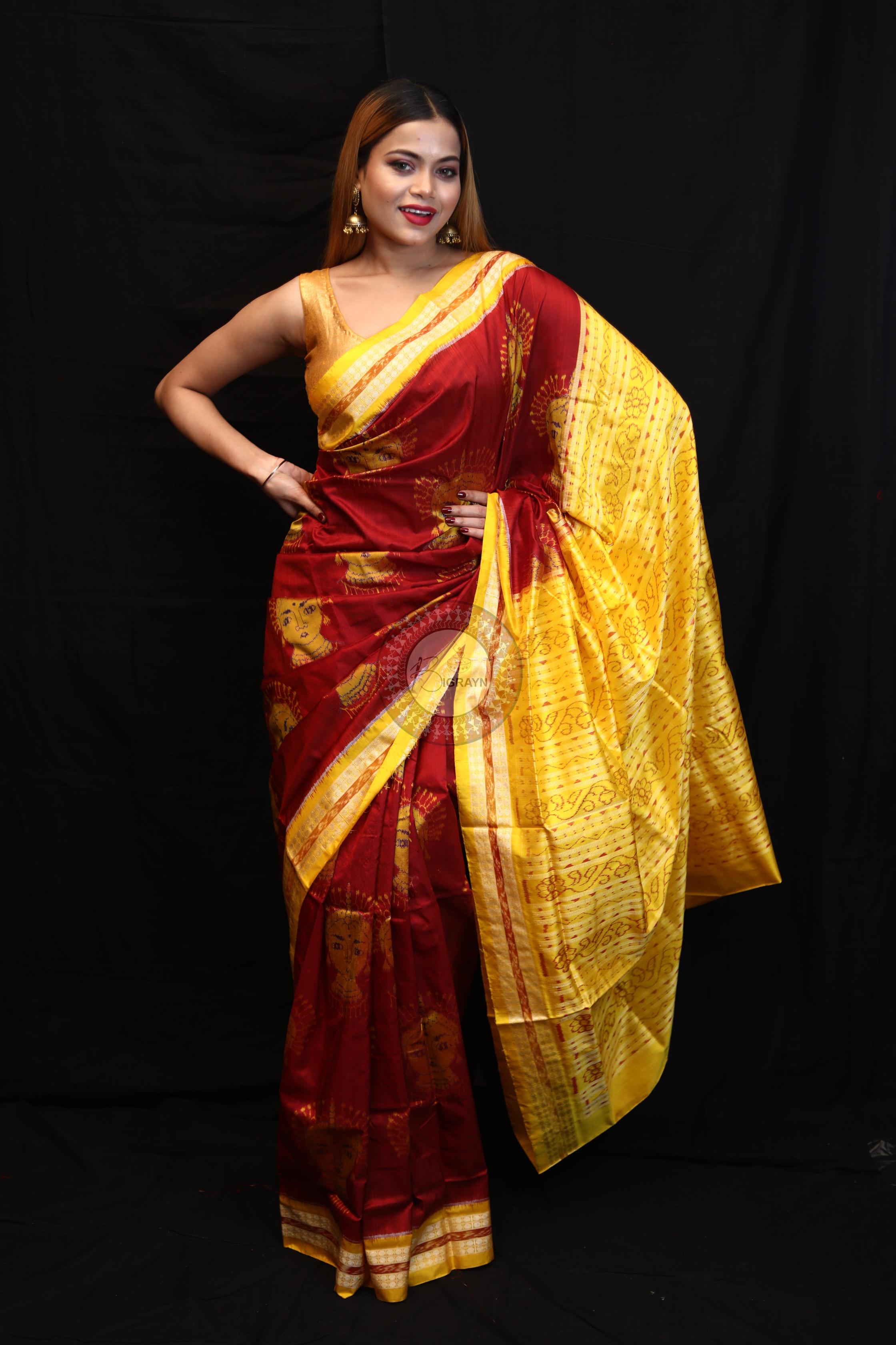 Maroon Yellow Odishi Face Sambalpuri Silk Saree