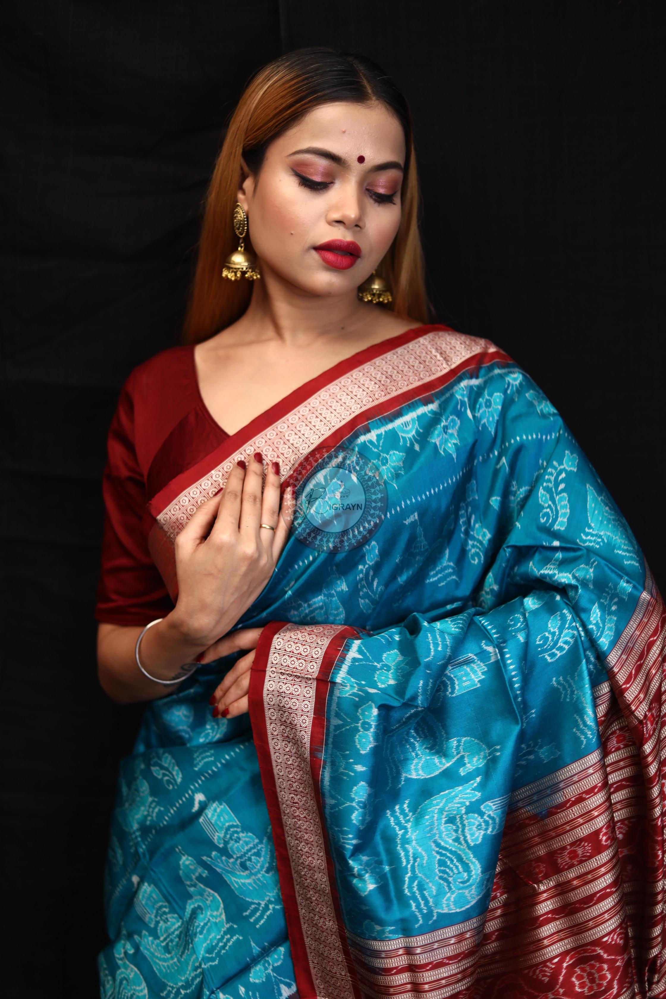 Blue Red Boita Bandha Sambalpuri Silk Saree