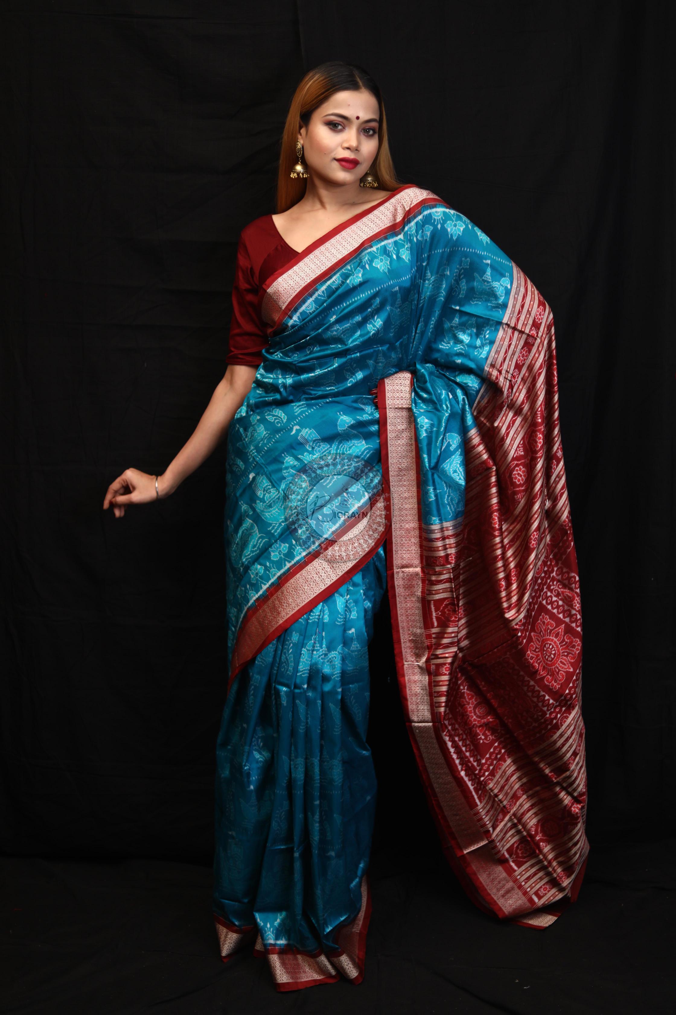 Blue Red Boita Bandha Sambalpuri Silk Saree