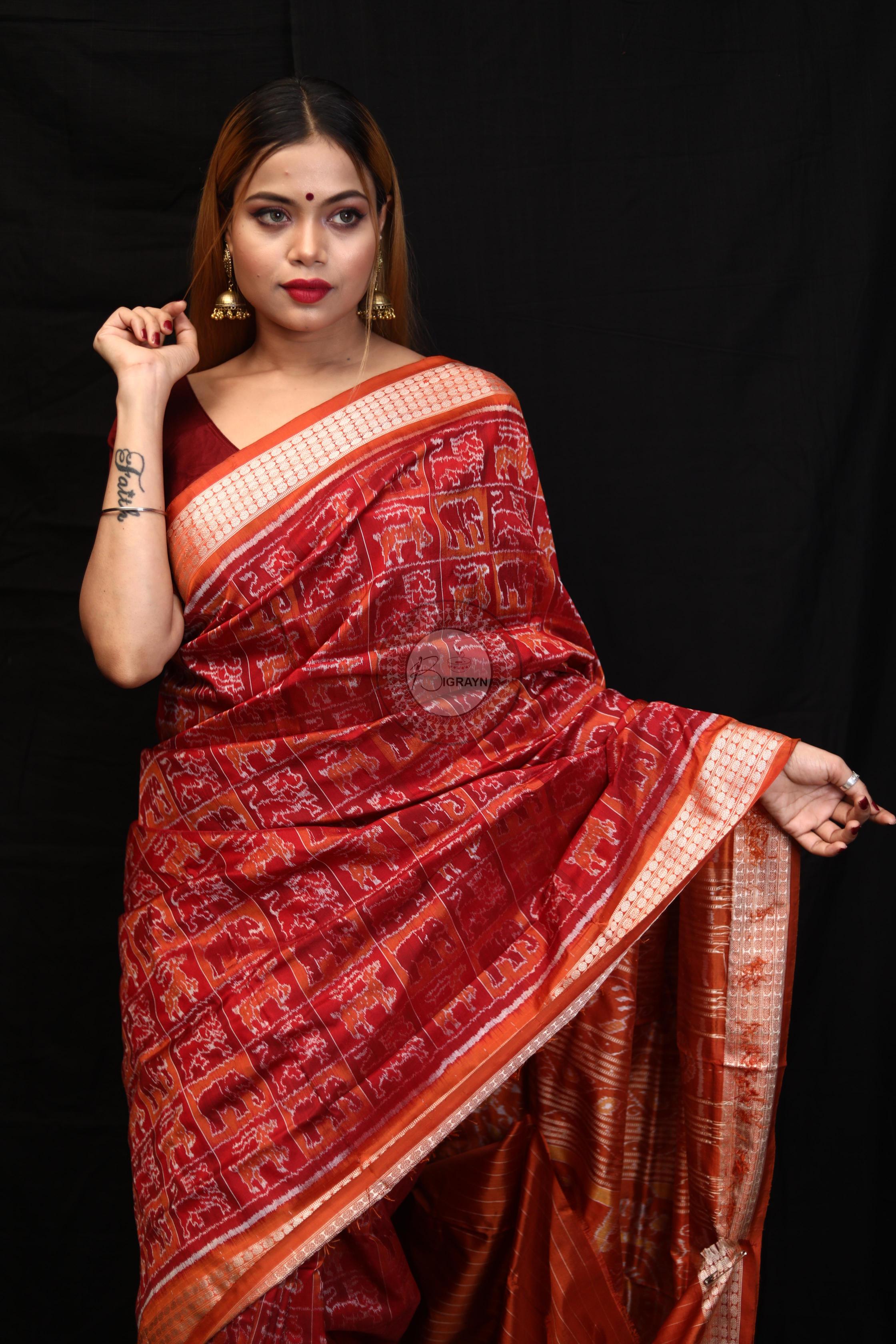 Maroon Rust Small Box Animal Bandha Sambalpuri Silk Saree