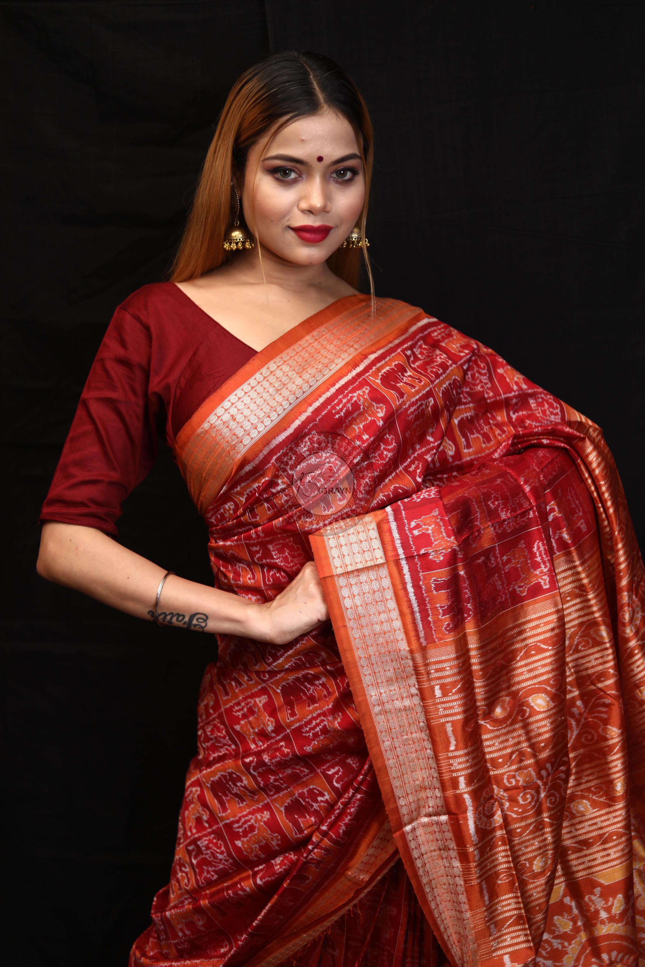 Maroon Rust Small Box Animal Bandha Sambalpuri Silk Saree