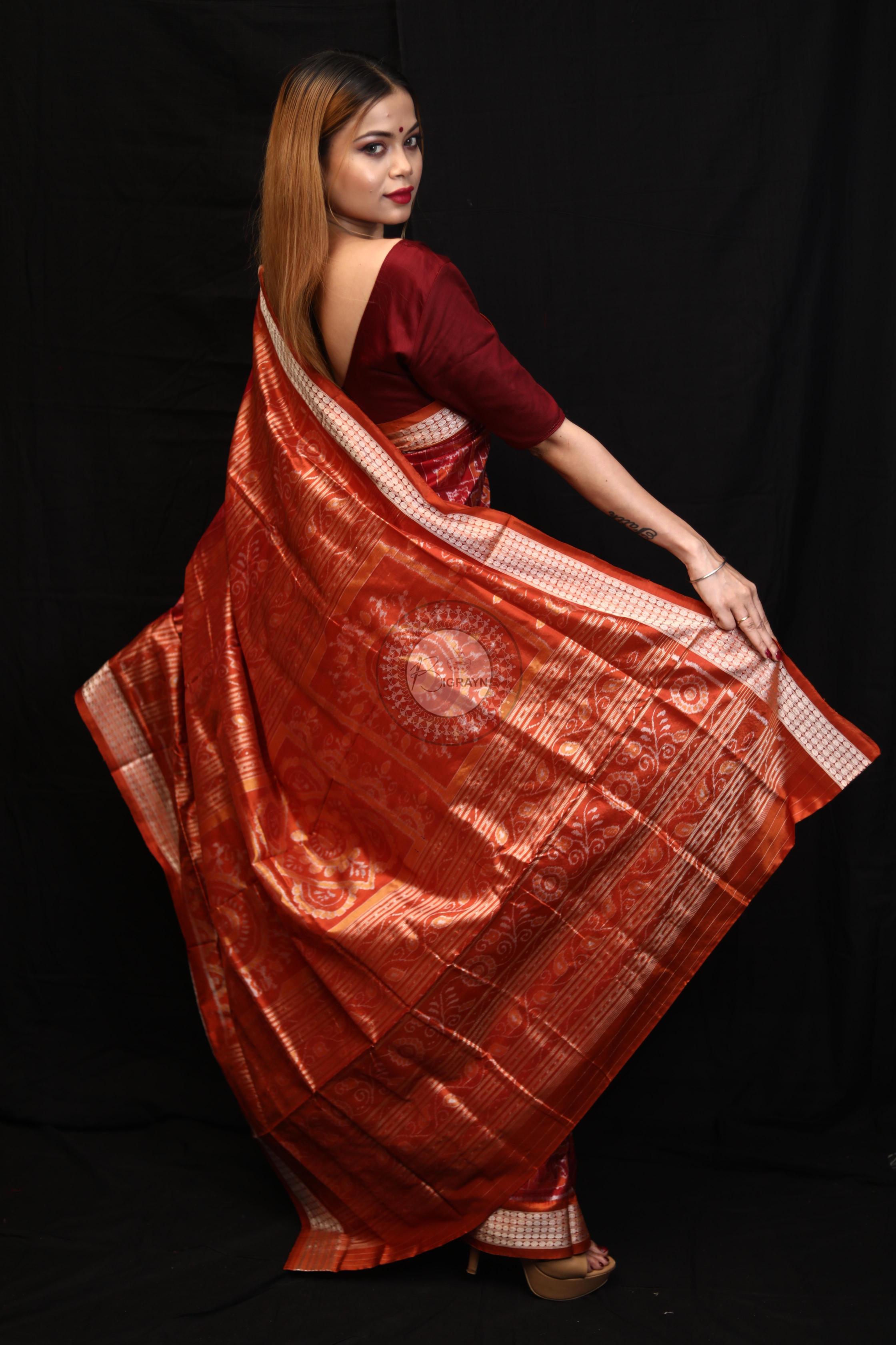 Maroon Rust Small Box Animal Bandha Sambalpuri Silk Saree