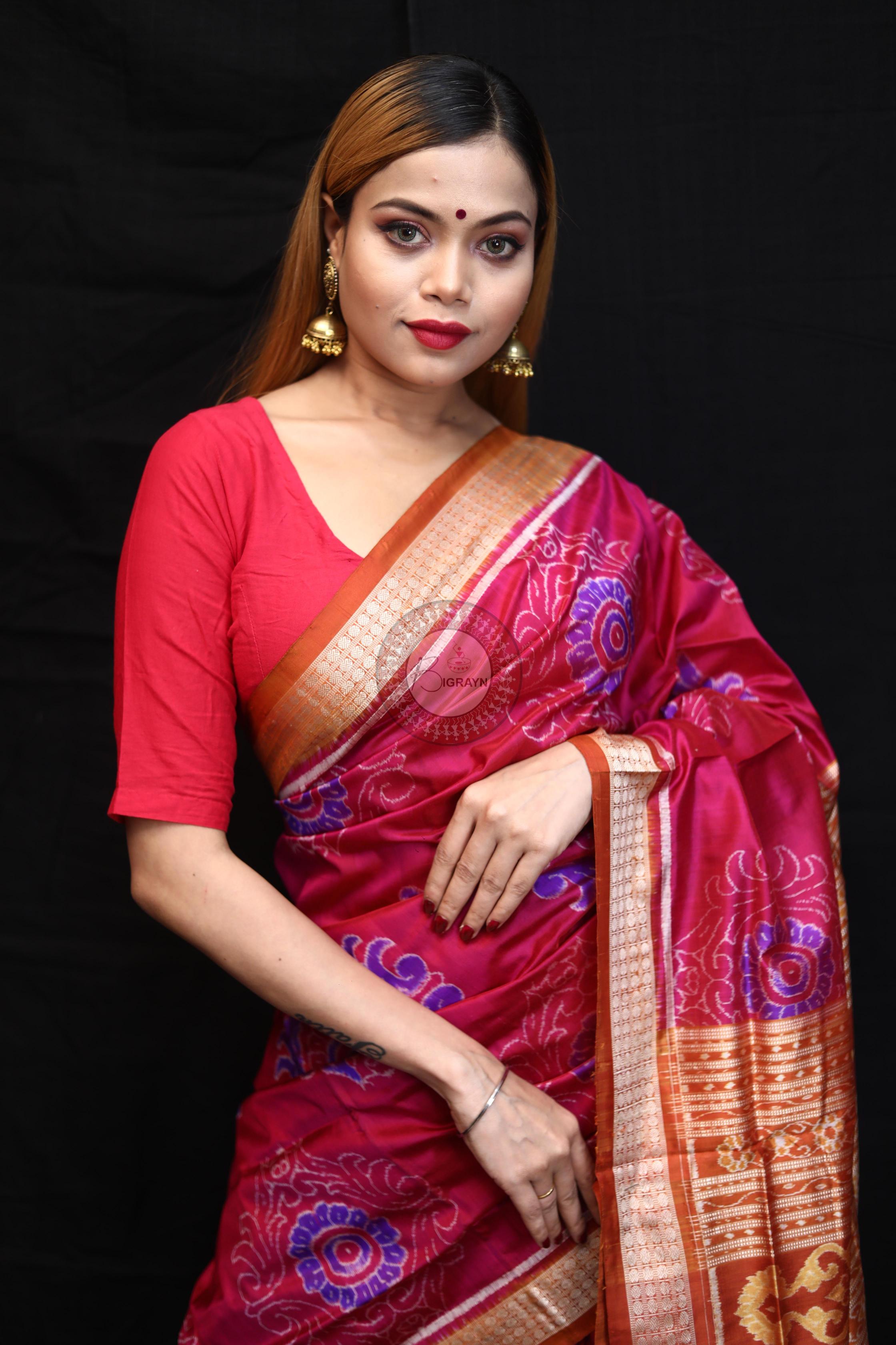 Purple Orange Big Flowers Sambalpuri Silk Saree