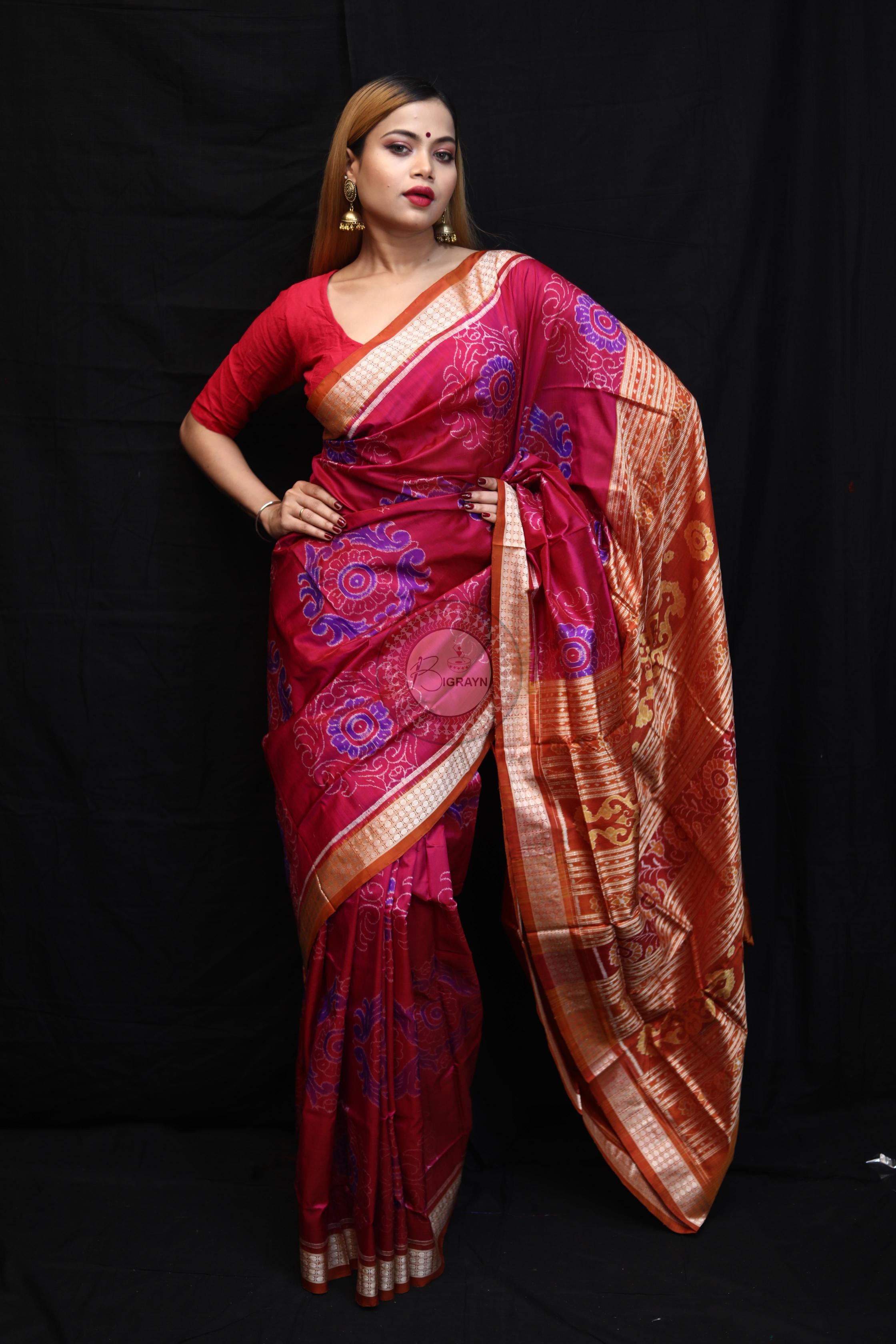 Purple Orange Big Flowers Sambalpuri Silk Saree