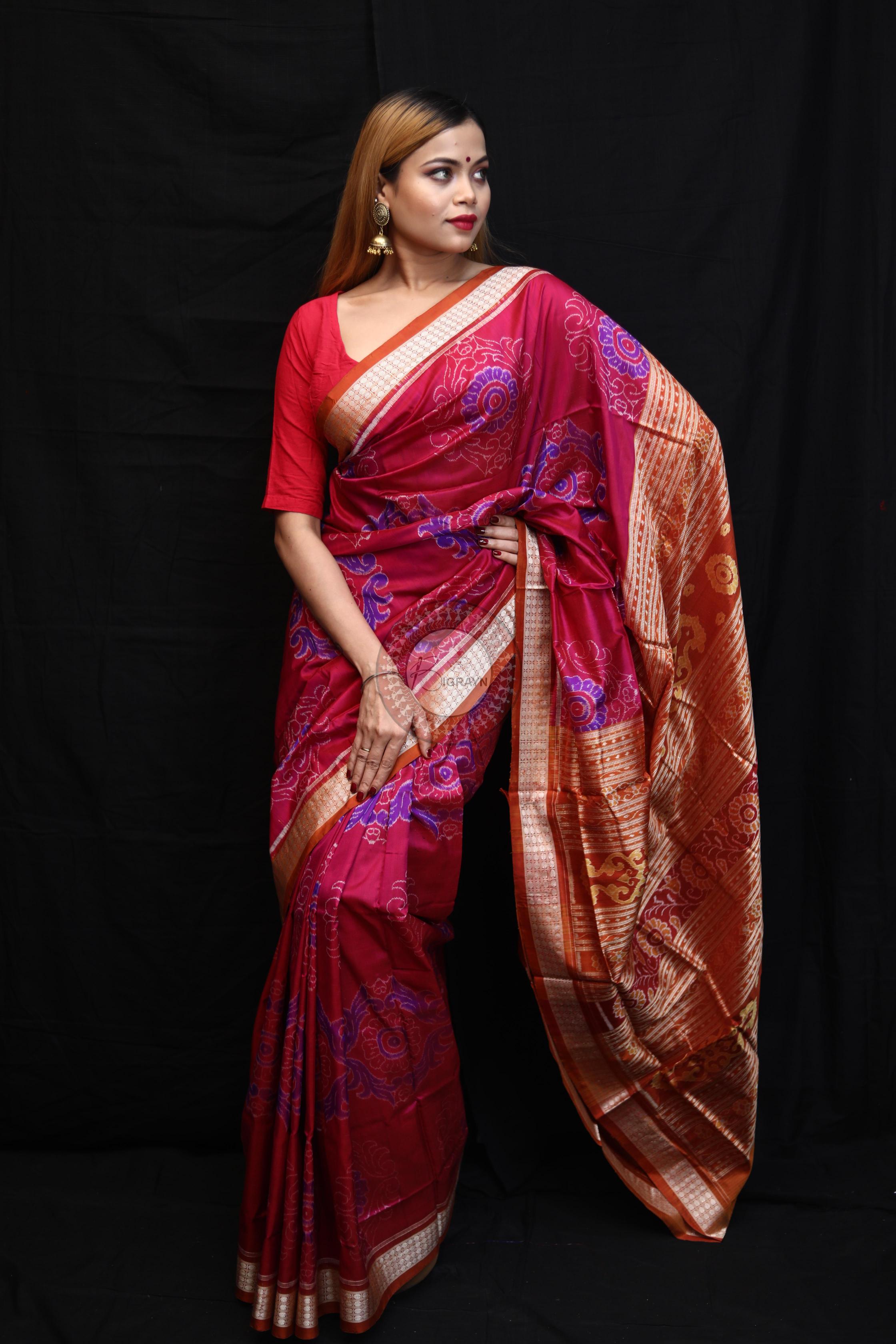 Purple Orange Big Flowers Sambalpuri Silk Saree