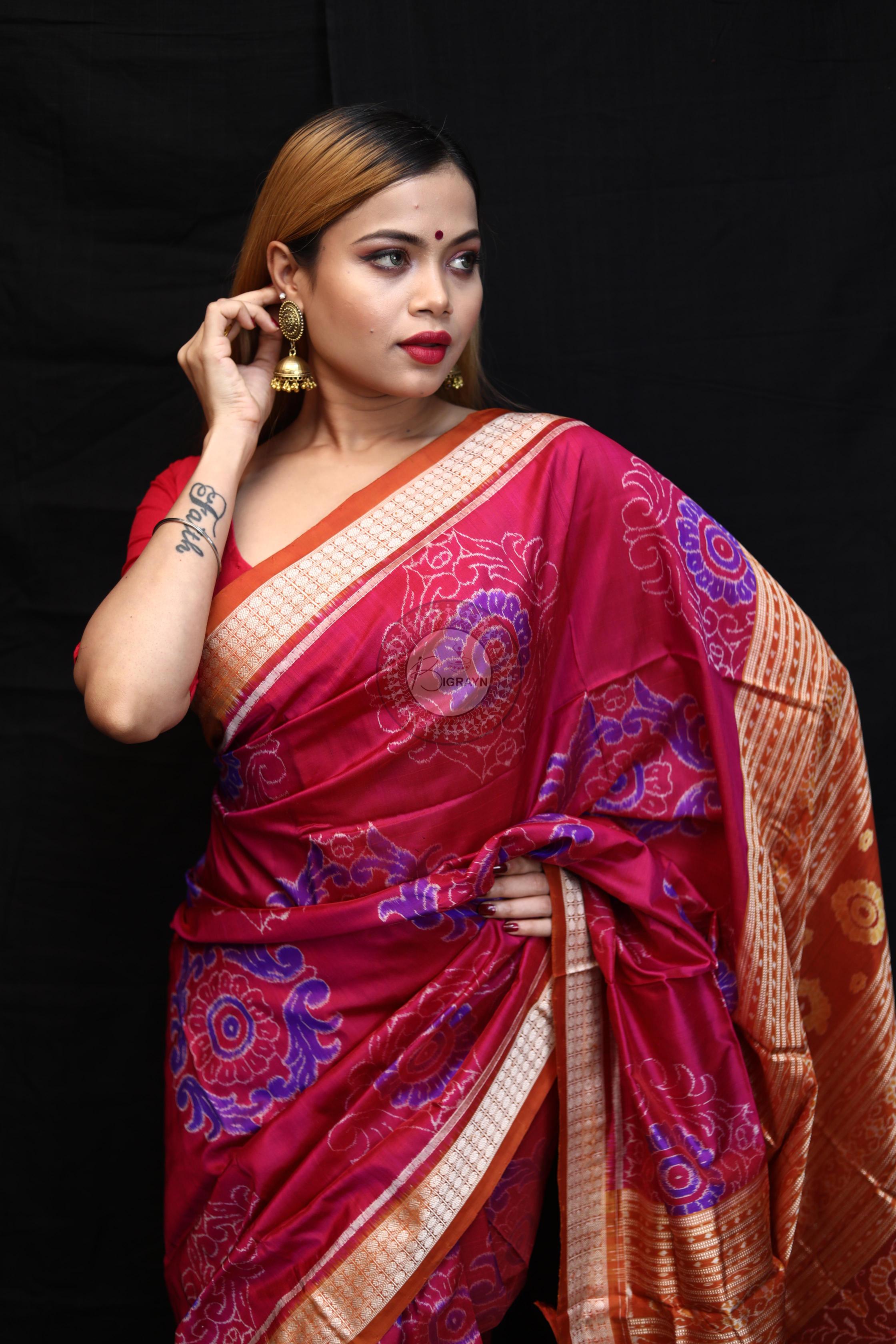 Purple Orange Big Flowers Sambalpuri Silk Saree