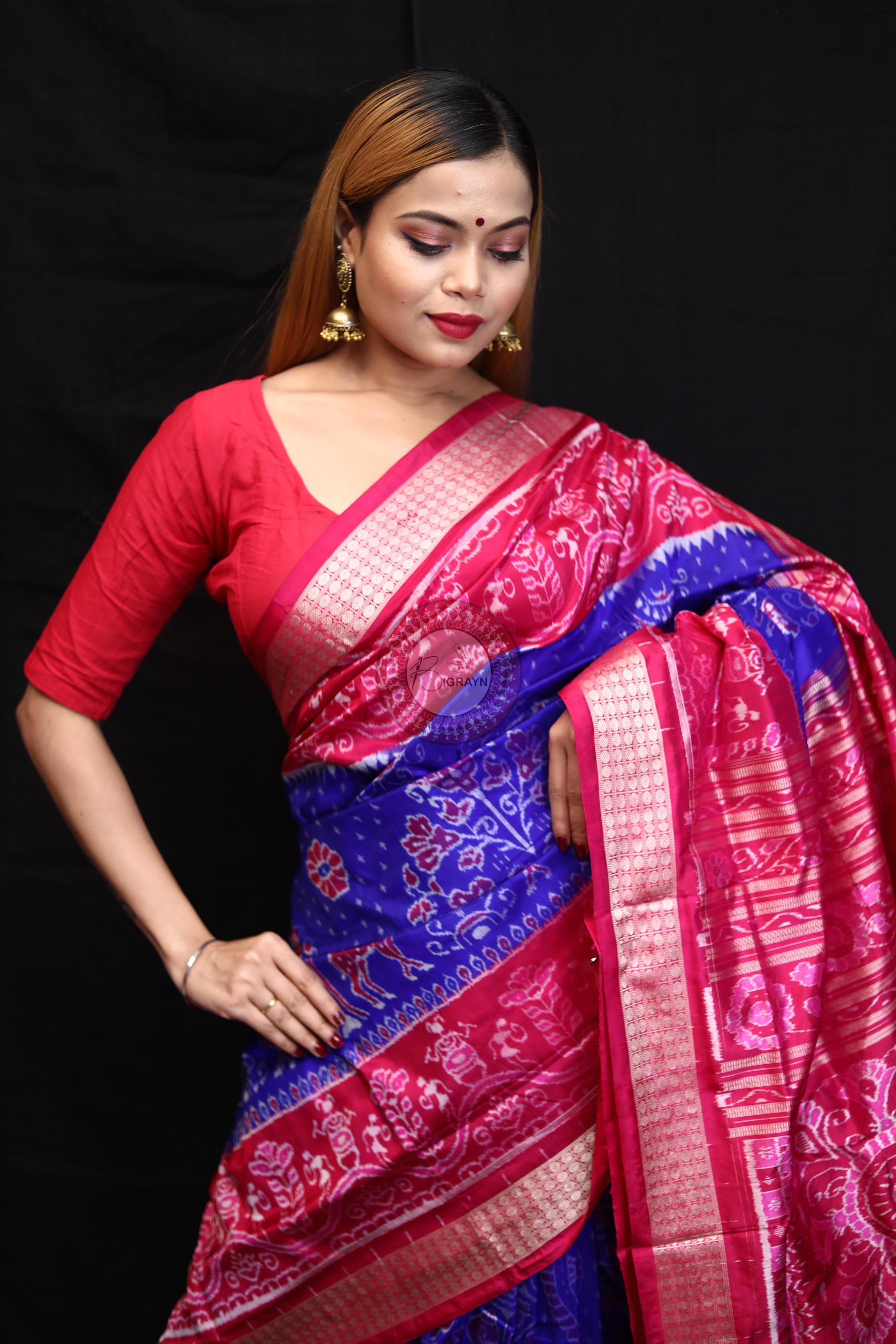 Blue Magenta Animal And Tree Tribal Scot Sambalpuri Silk Saree