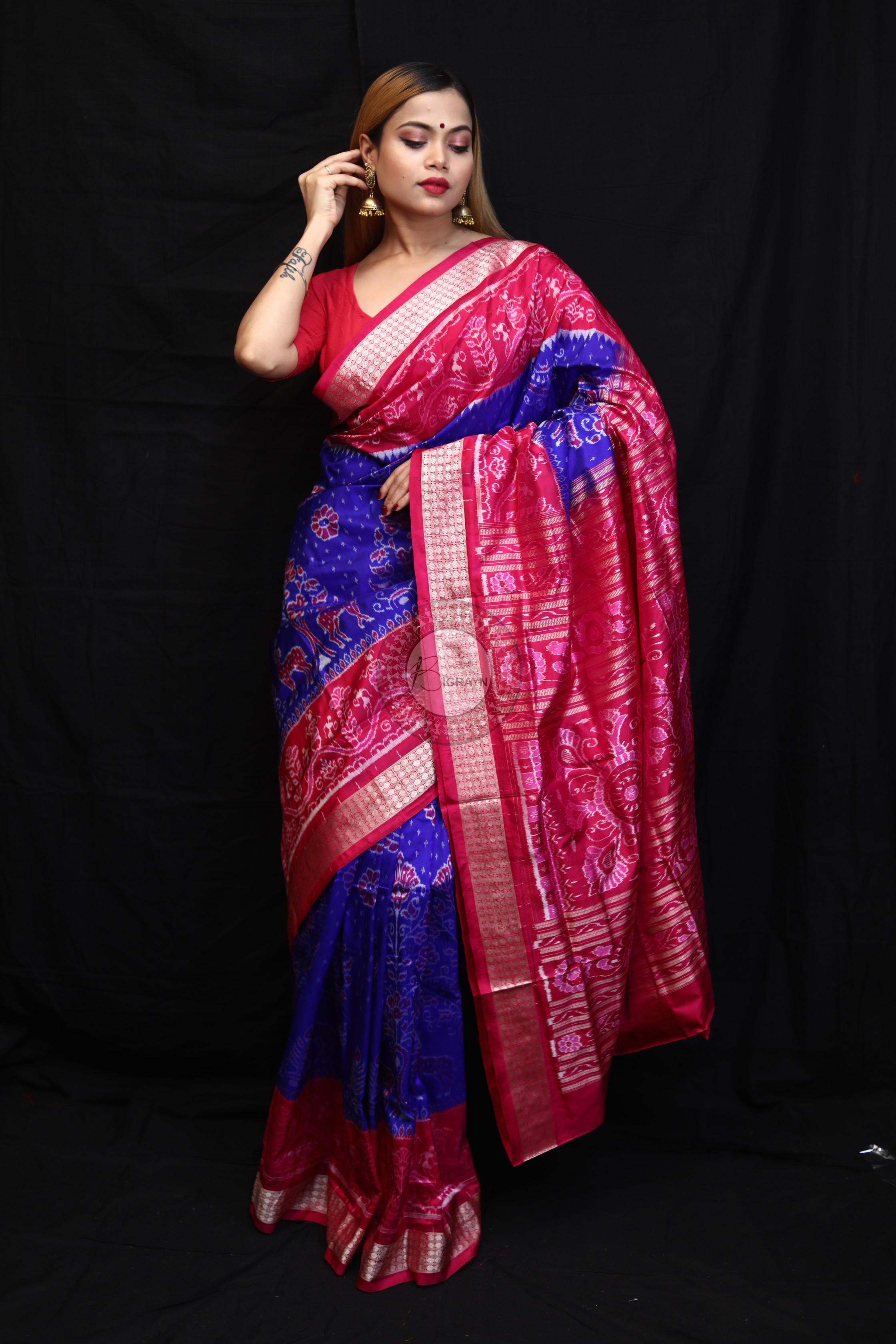 Blue Magenta Animal And Tree Tribal Scot Sambalpuri Silk Saree
