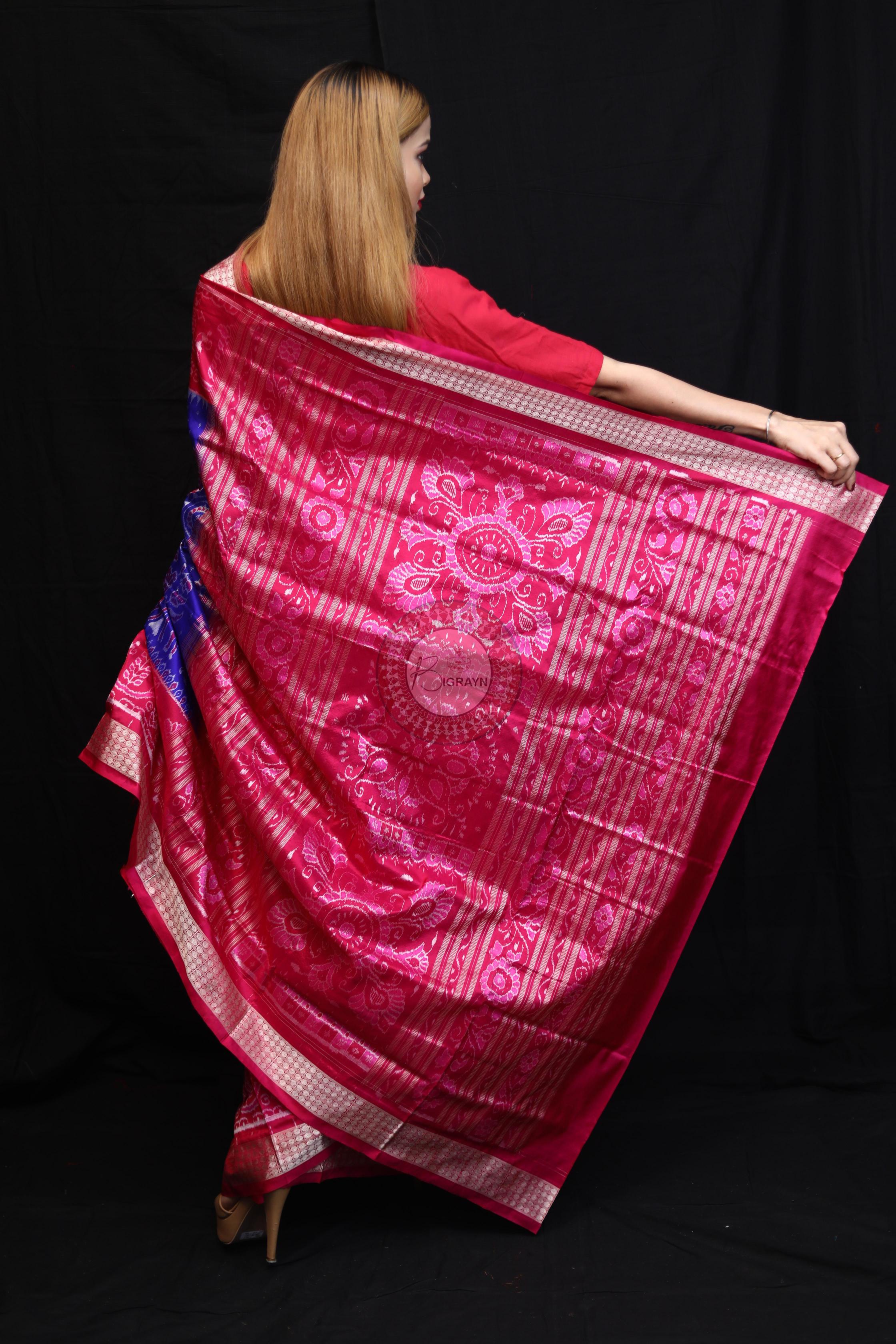 Blue Magenta Animal And Tree Tribal Scot Sambalpuri Silk Saree