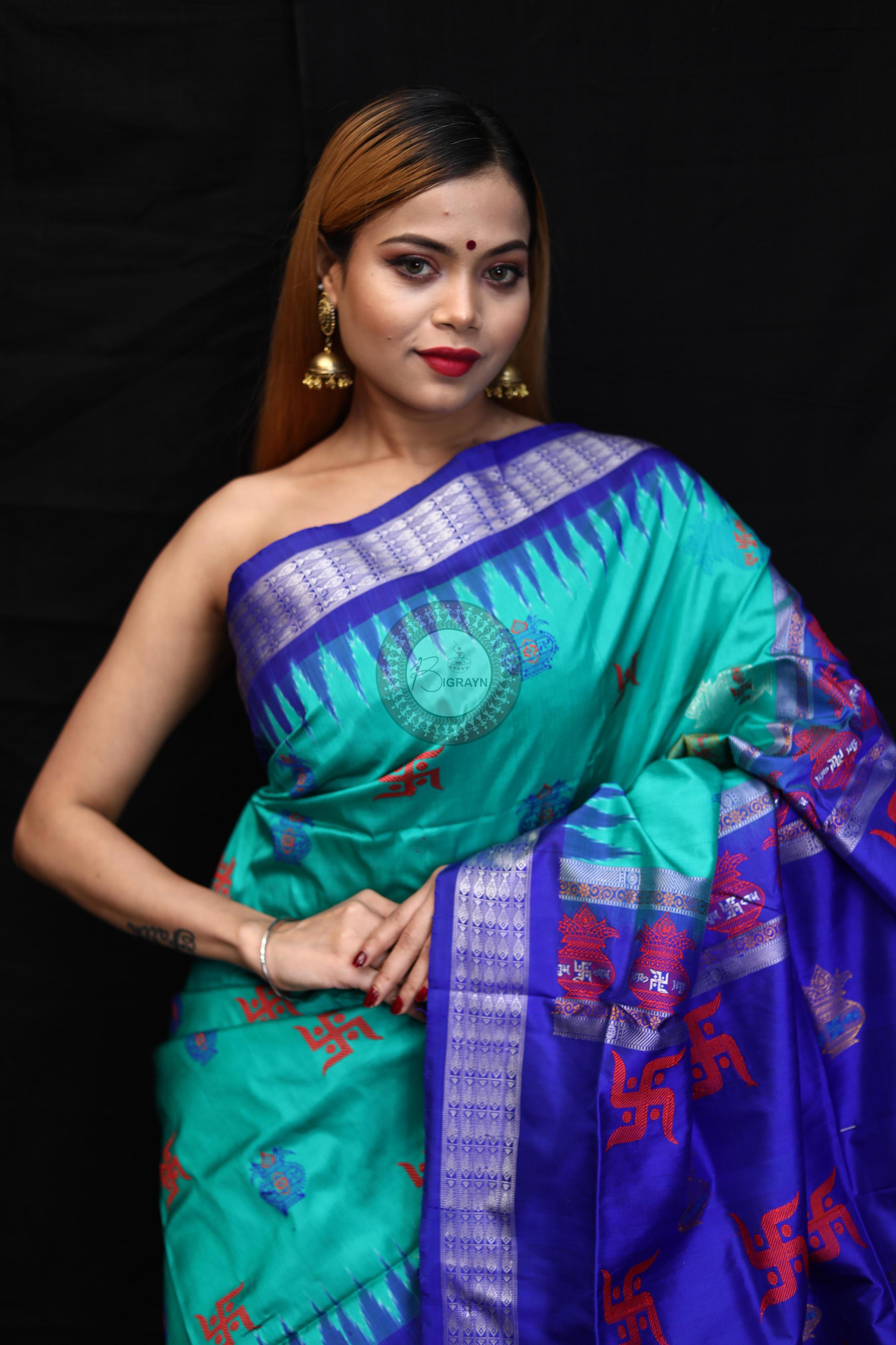 Sea Blue Swastik Kalashi Bomkai Silk Saree