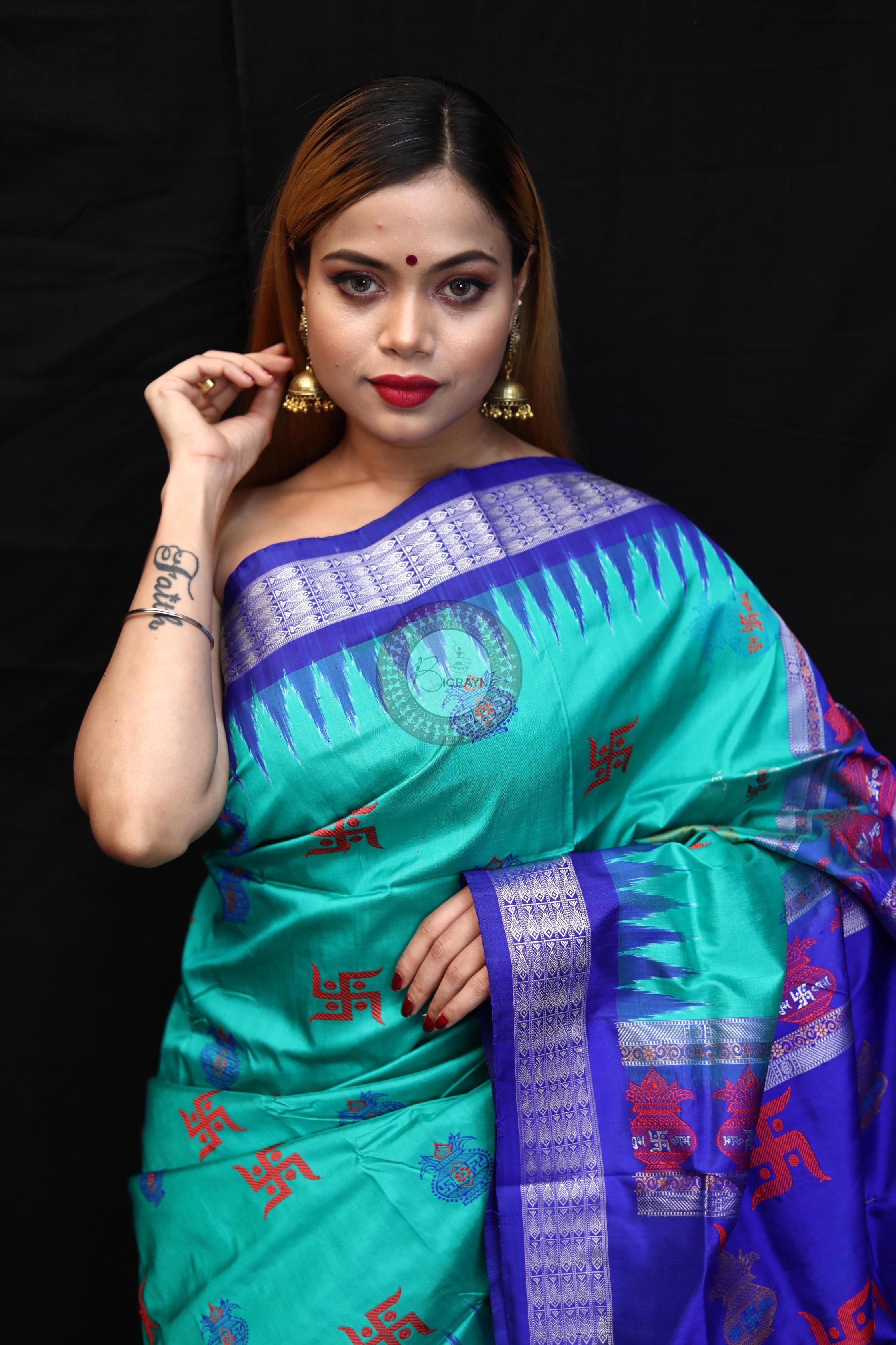 Sea Green Blue Swastik Kalashi Bomkai Silk Saree