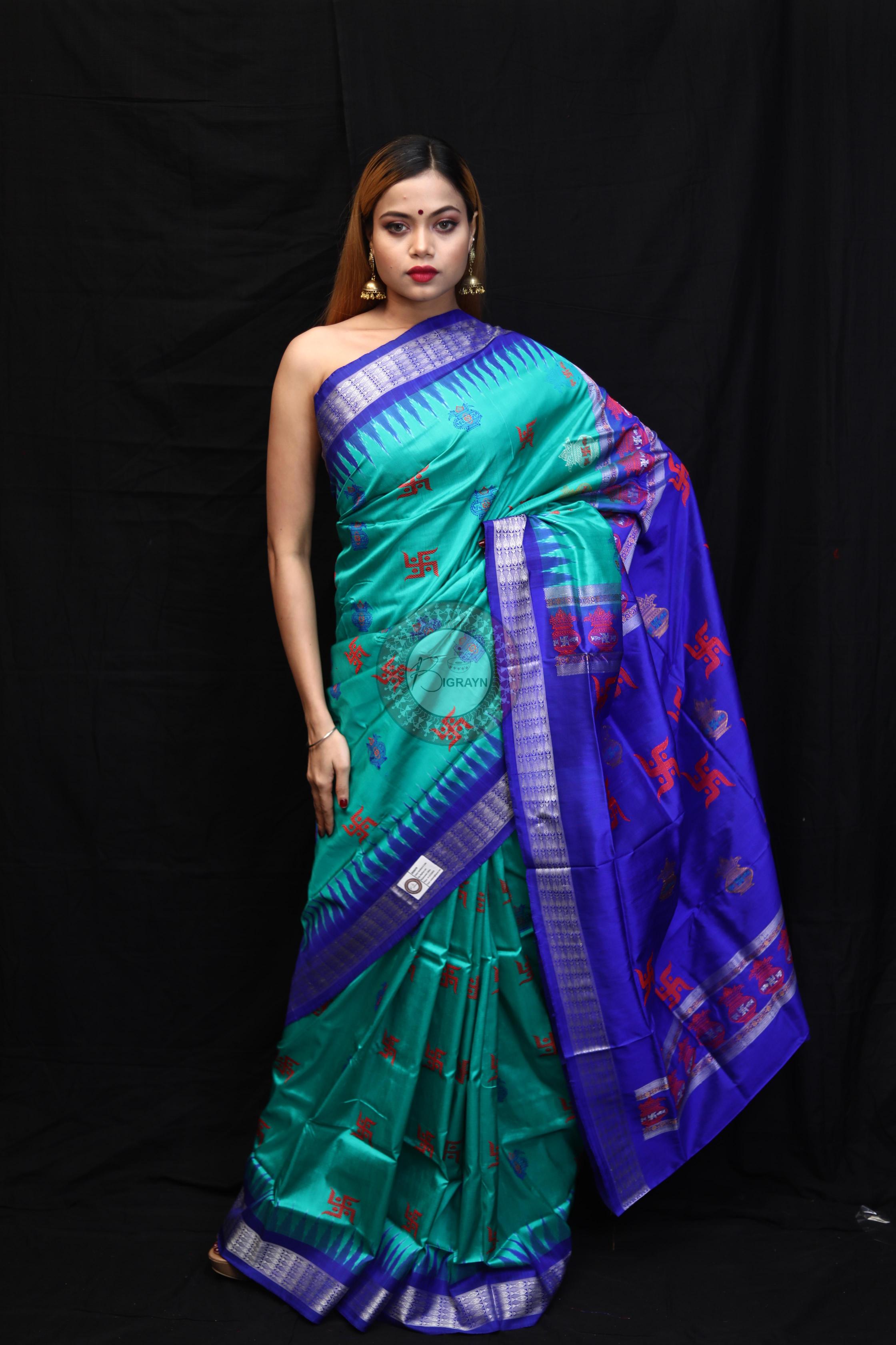 Sea Blue Swastik Kalashi Bomkai Silk Saree