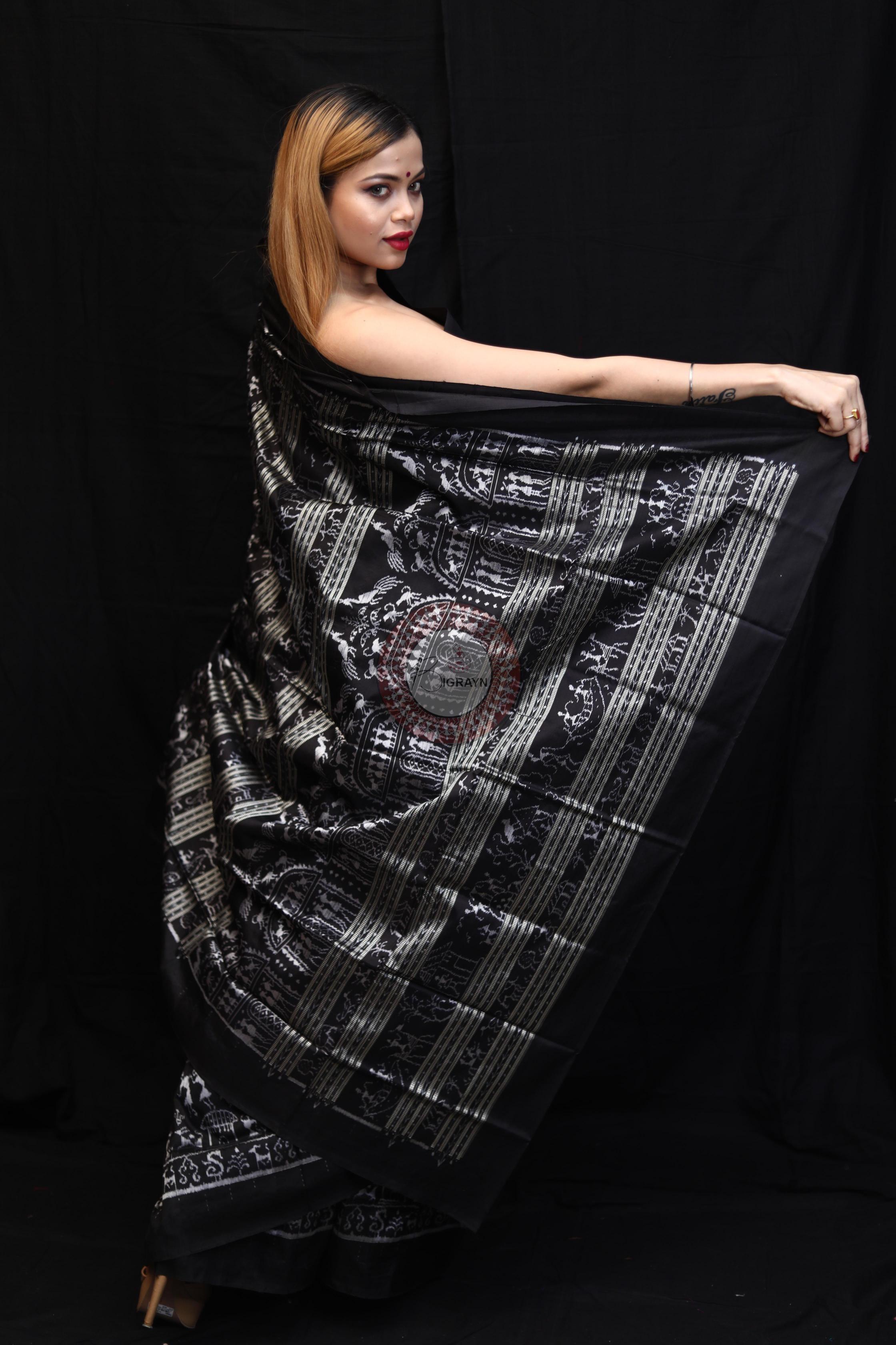 Black Silver Full Body Tribal Sambalpuri Silk Saree
