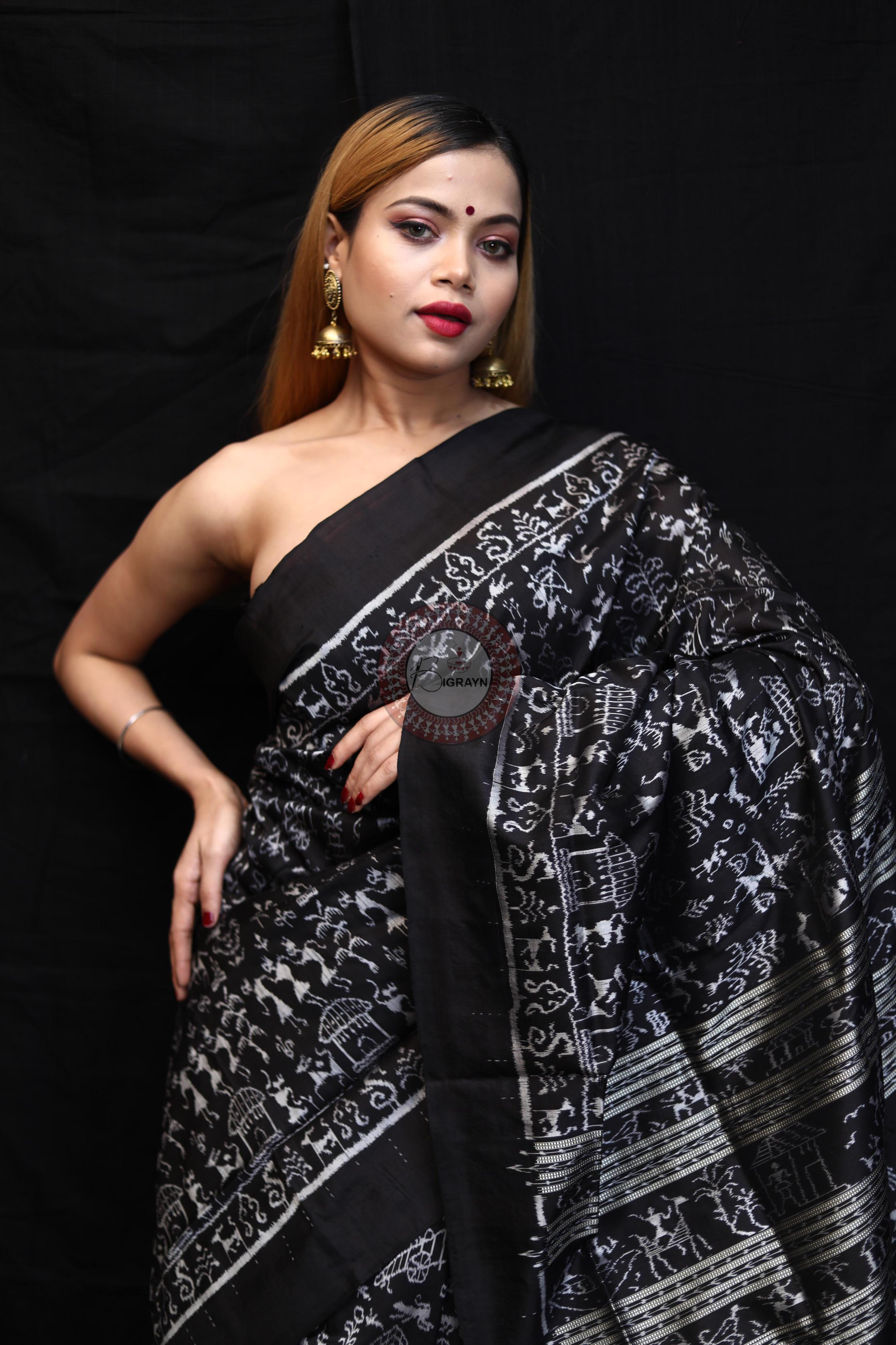 Black Silver Full Body Tribal Sambalpuri Silk Saree