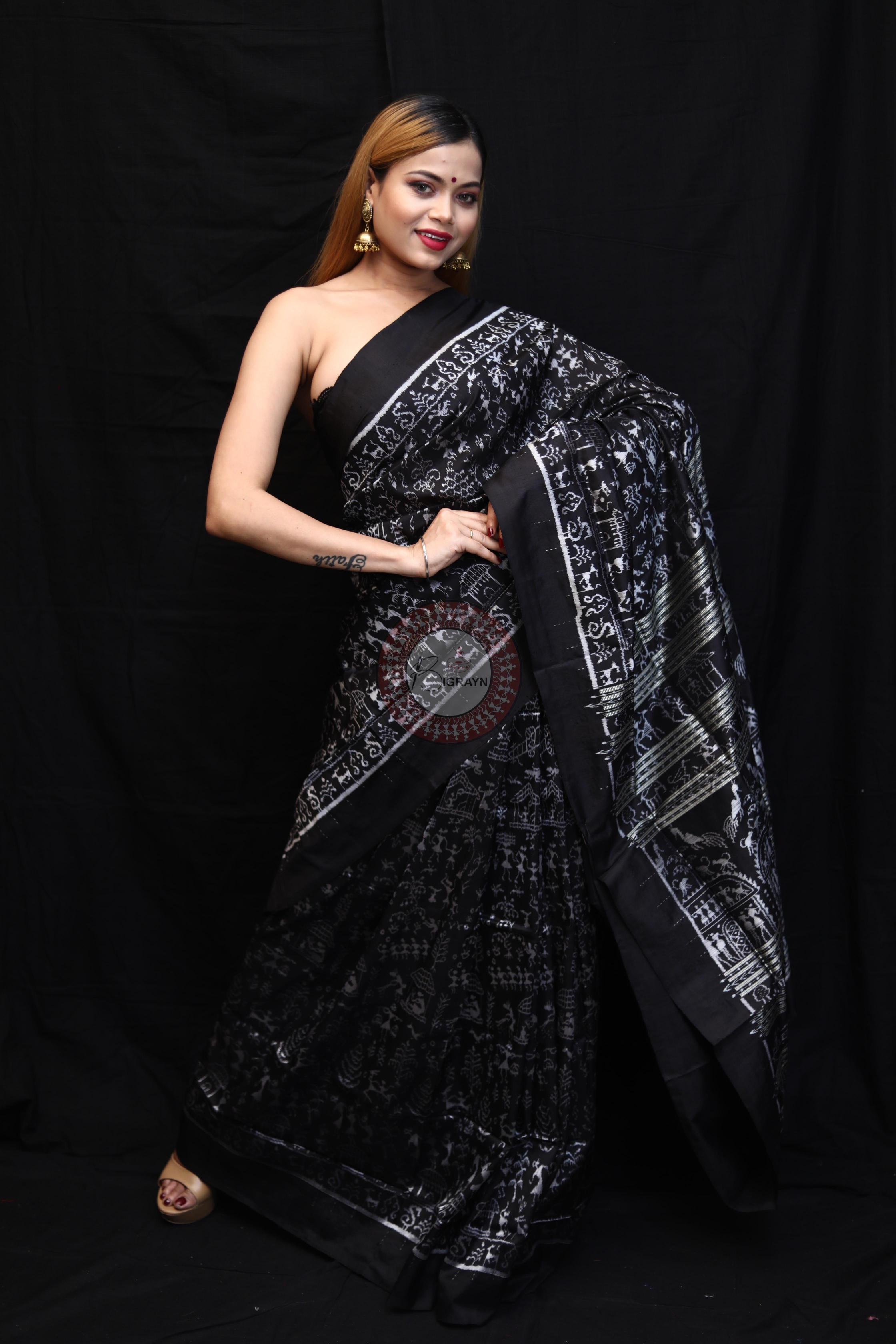 Black Silver Full Body Tribal Sambalpuri Silk Saree