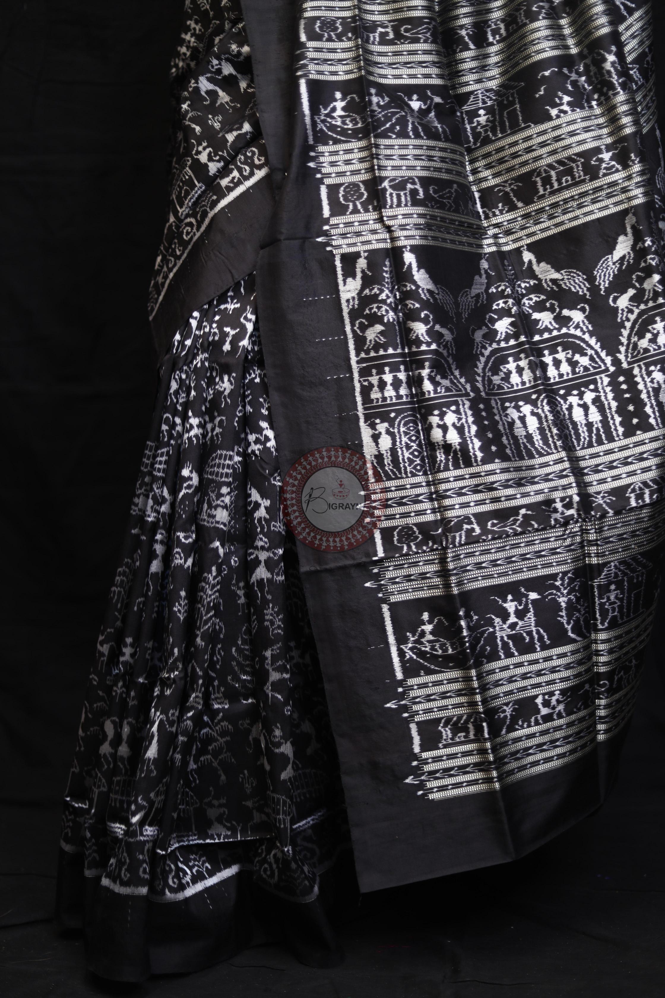 Black Silver Full Body Tribal Sambalpuri Silk Saree
