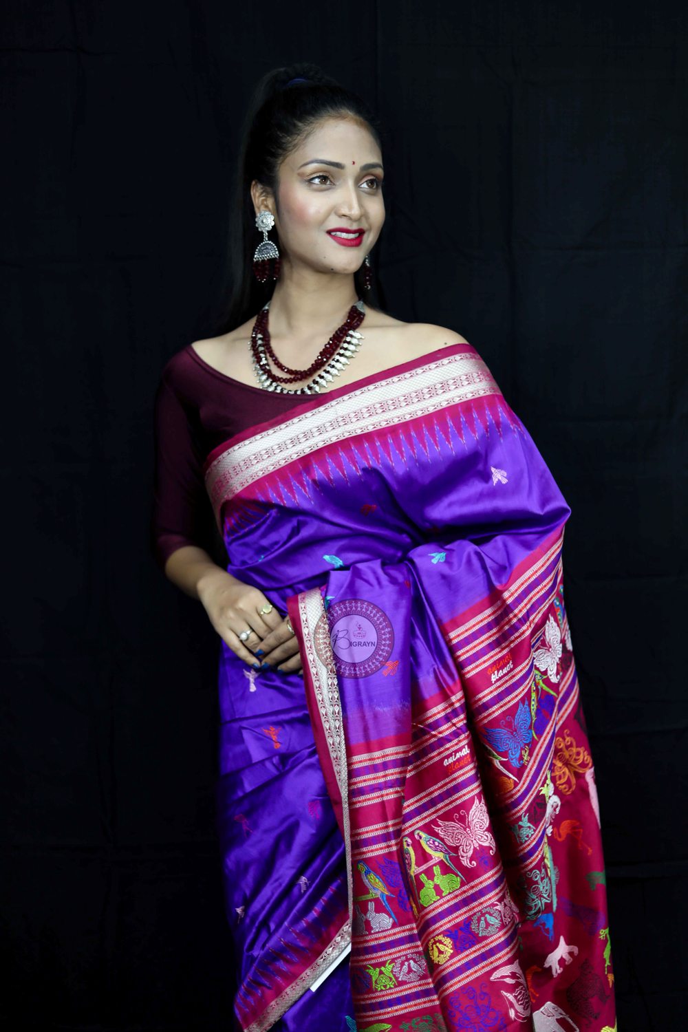 Purple Magenta Animal Planet Bomkai Silk Saree