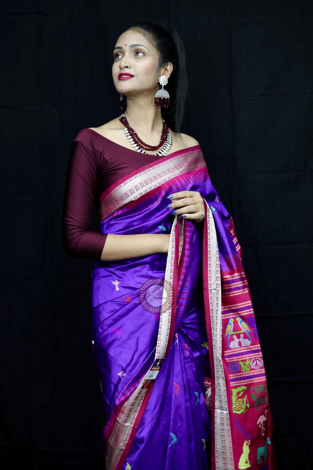 Purple Magenta Animal Planet Bomkai Silk Saree