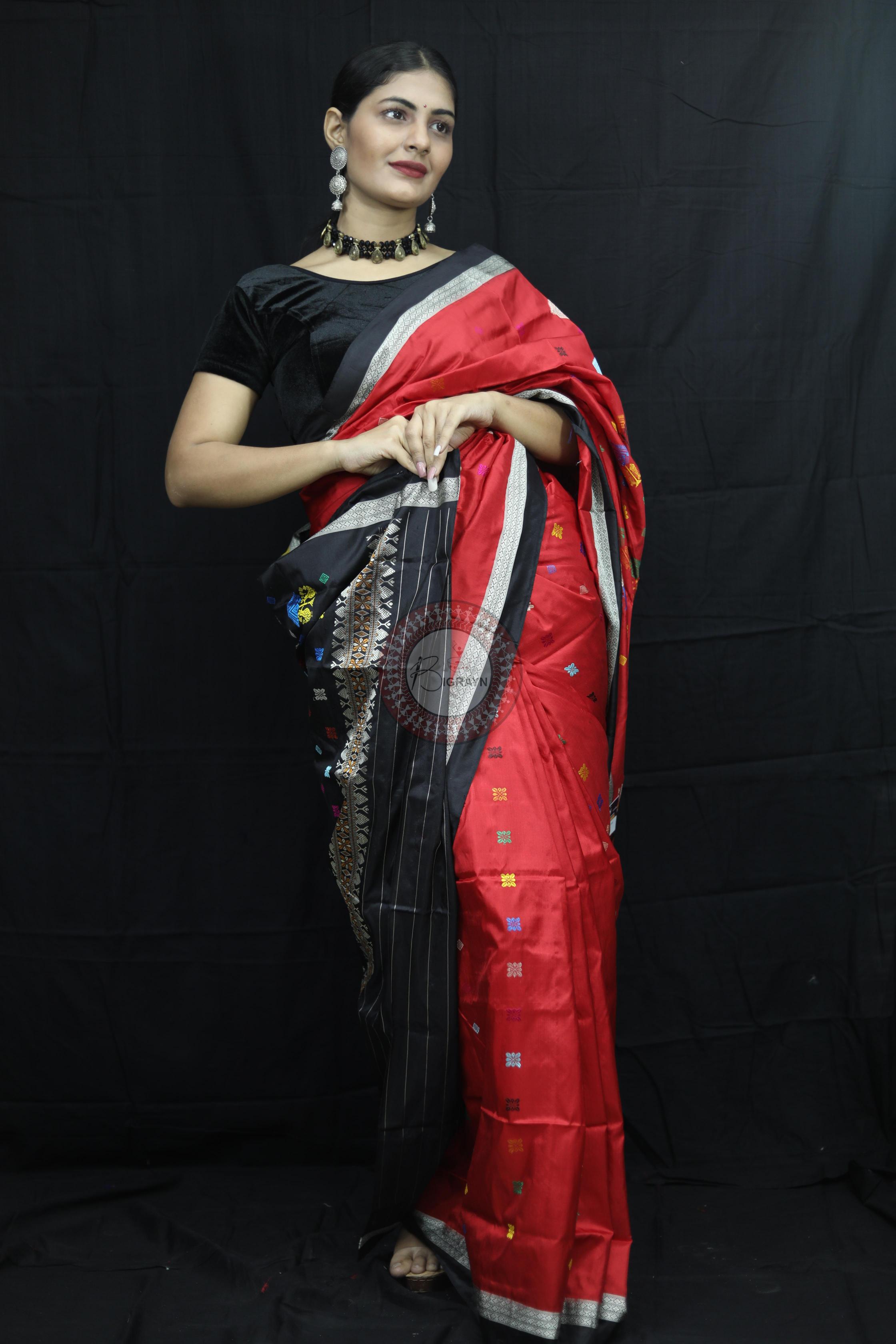 Red Black Teracotta Bomkai Silk Saree Silk Saree